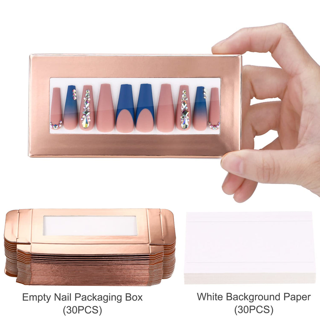 Noverlife 30Pcs Empty Nail Boxes with Rose Gold Pullable Display – For Press-On Nails
