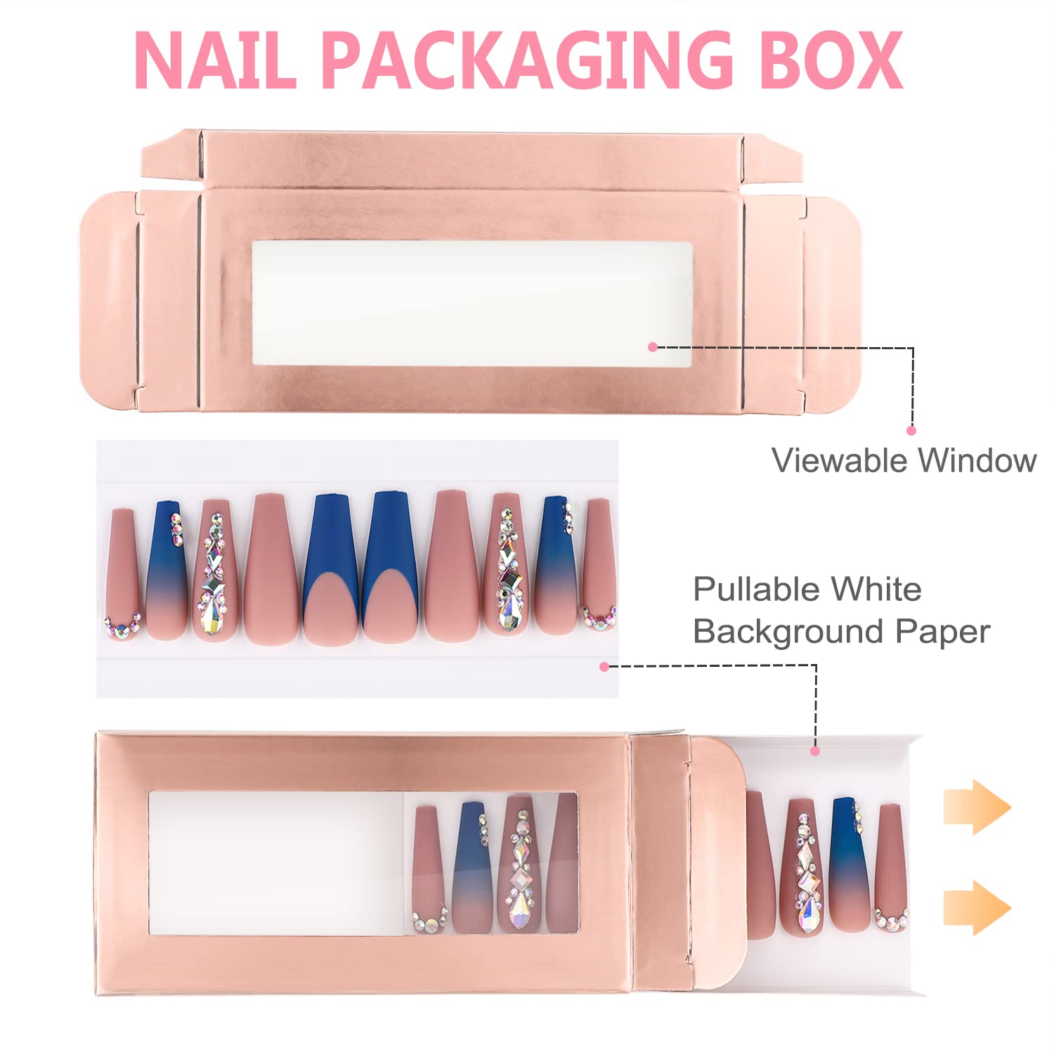 Noverlife 30Pcs Empty Nail Boxes with Rose Gold Pullable Display – For Press-On Nails