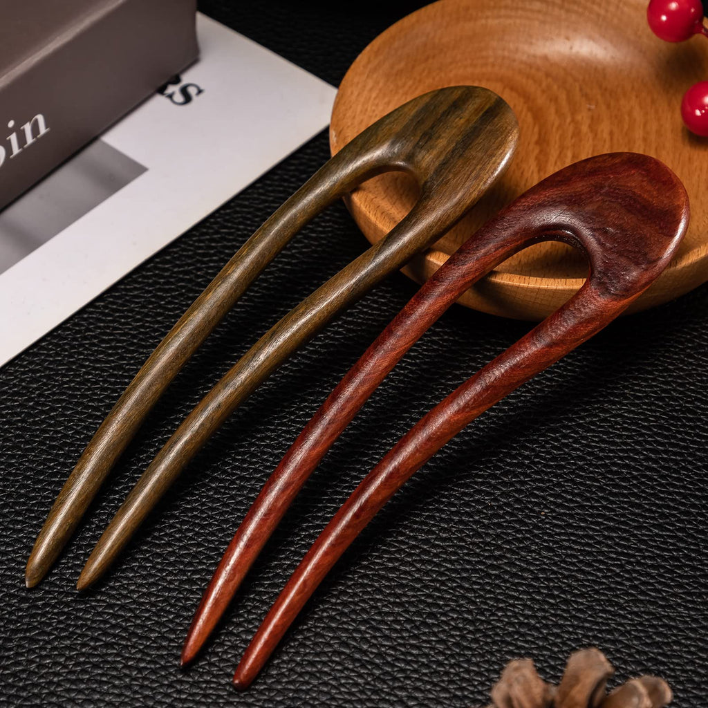 Noverlife 2PCS French Wood Hair Forks – Hand-Carved Sandalwood U-Shape Hair Pins with Crescent Moon Design