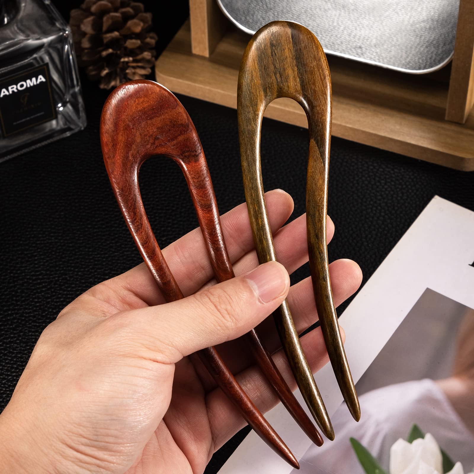 Noverlife 2PCS French Wood Hair Forks – Hand-Carved Sandalwood U-Shape Hair Pins with Crescent Moon Design