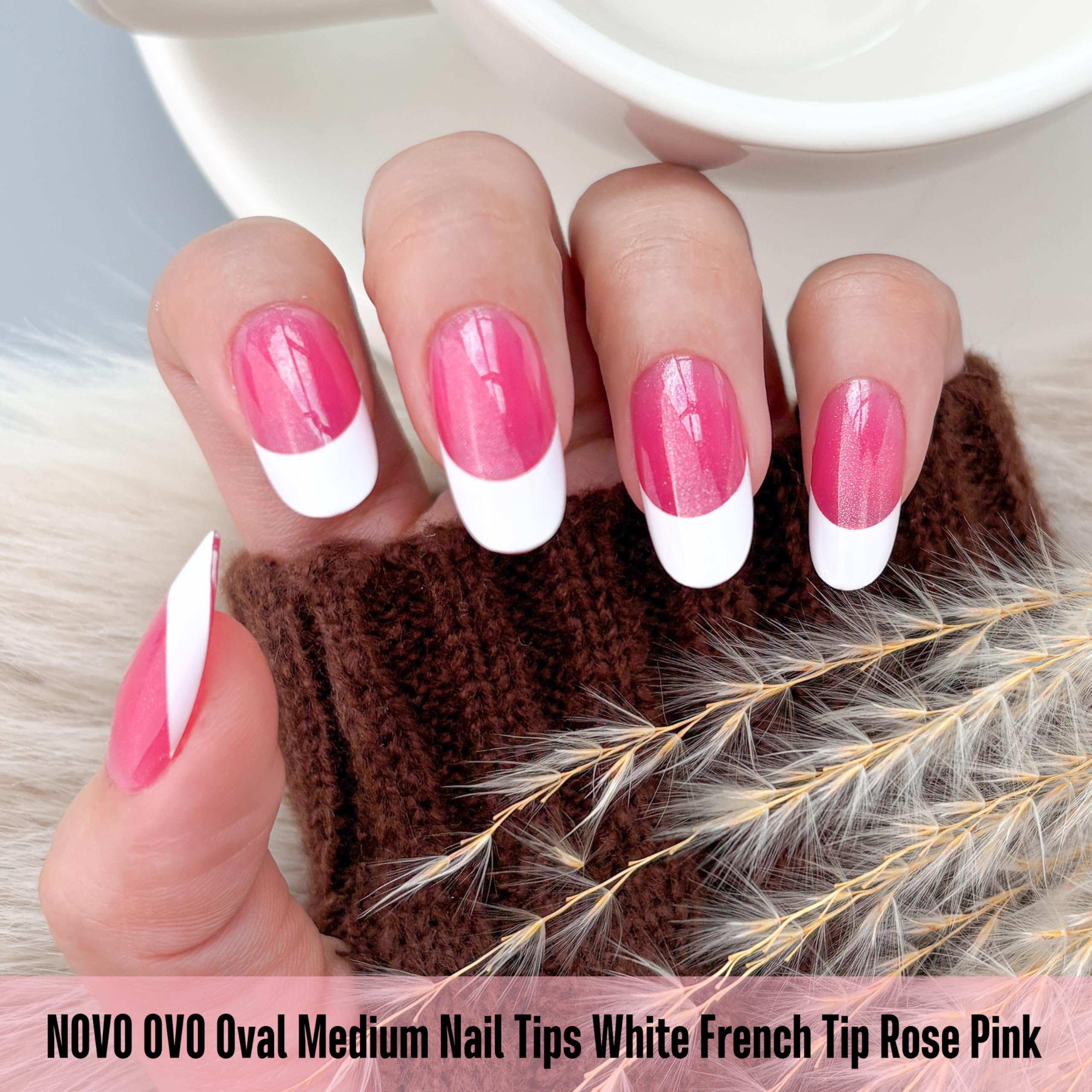 NOVO OVO White French Tip Oval Nail Tips – Rose Pink, Extra Thick Soft Gel, 15 Sizes, 240 pcs (No Glue Included)