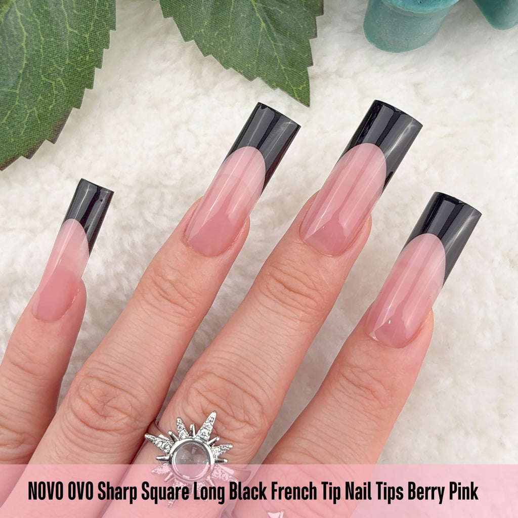 NOVO OVO Long Sharp Square Black French Tip Nail Tips – Berry Pink, 180 pc, 15 Sizes, Builder Gel Ready