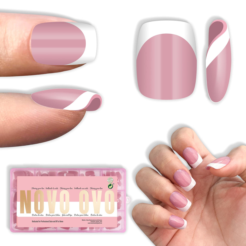 NOVO OVO Berry Pink Short Square Round French Tip Nails – 240 Pcs, 15 Sizes