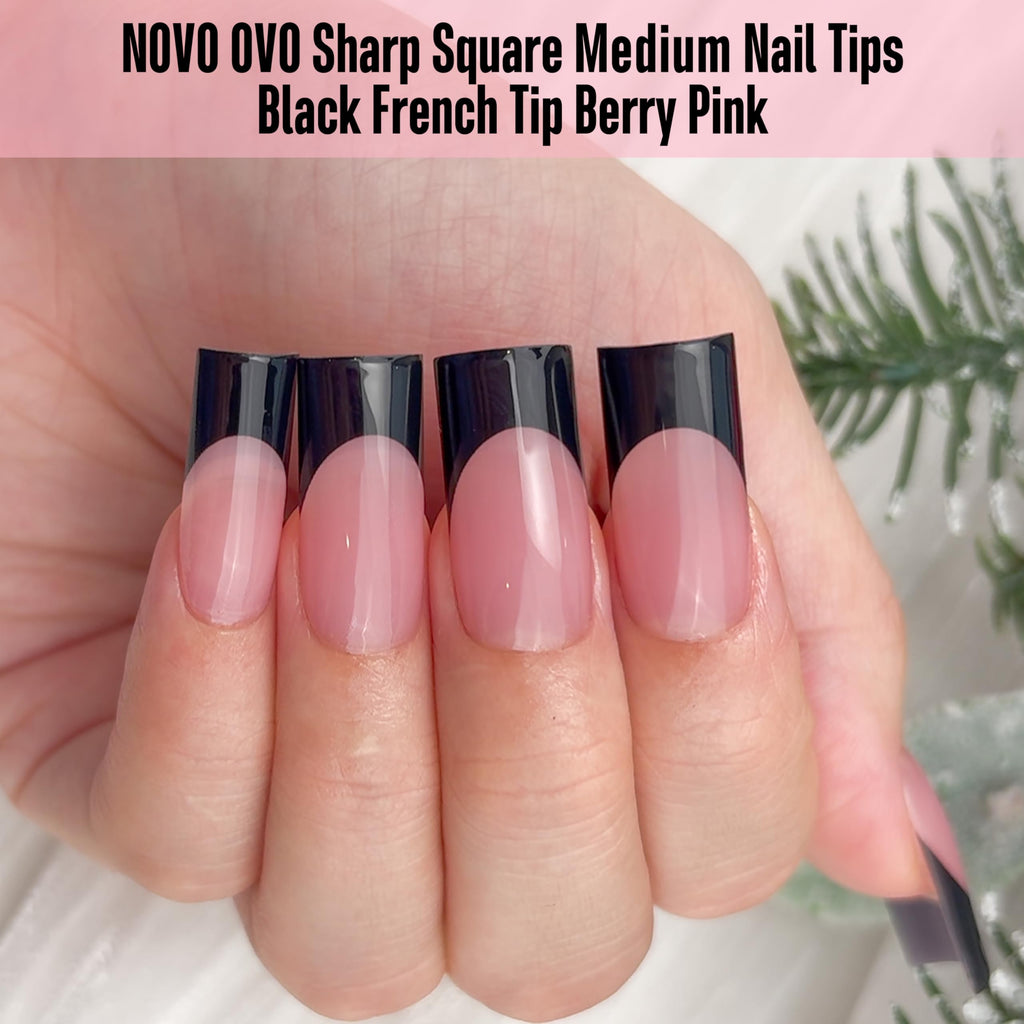 NOVO OVO Berry Pink Nail Tips – Medium Sharp Square Black French Tip, 180pc, 15 Sizes