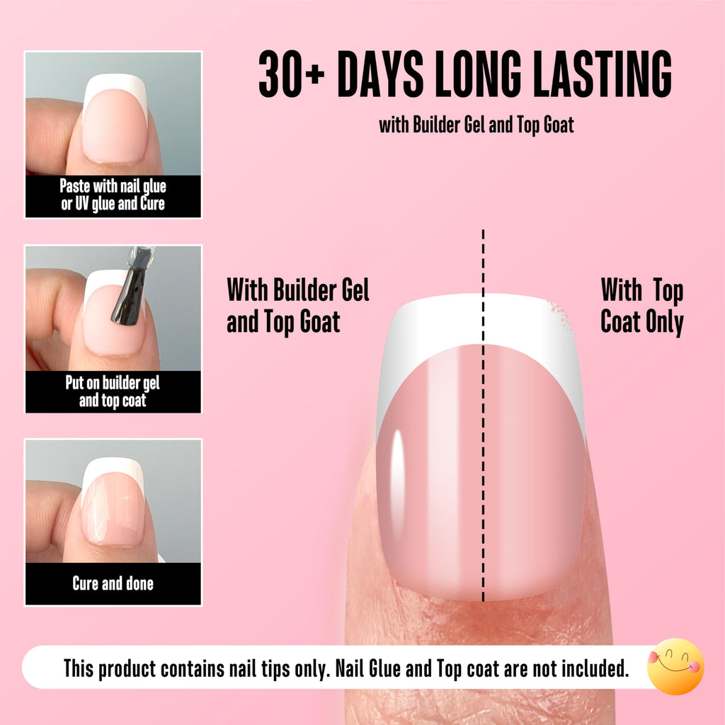 NOVO OVO Short Square Round White French Tip Nail Tips Baby Pink – Extra Thick Full Cover, 240 pcs, 15 Sizes