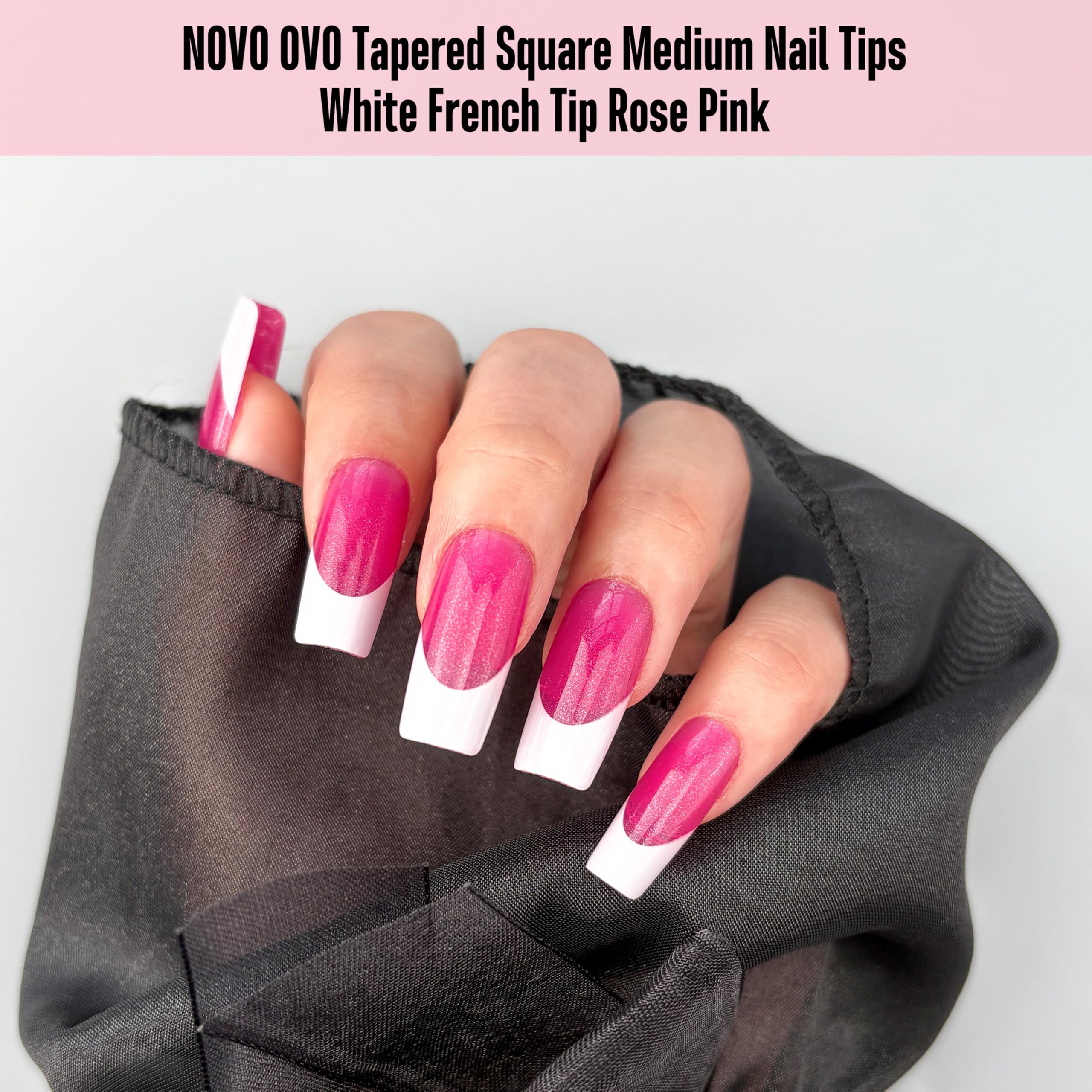 NOVO OVO White French Tip Square Nail Tips – Rose Pink, Extra Thick Soft Gel, 240 pcs (15 Sizes)