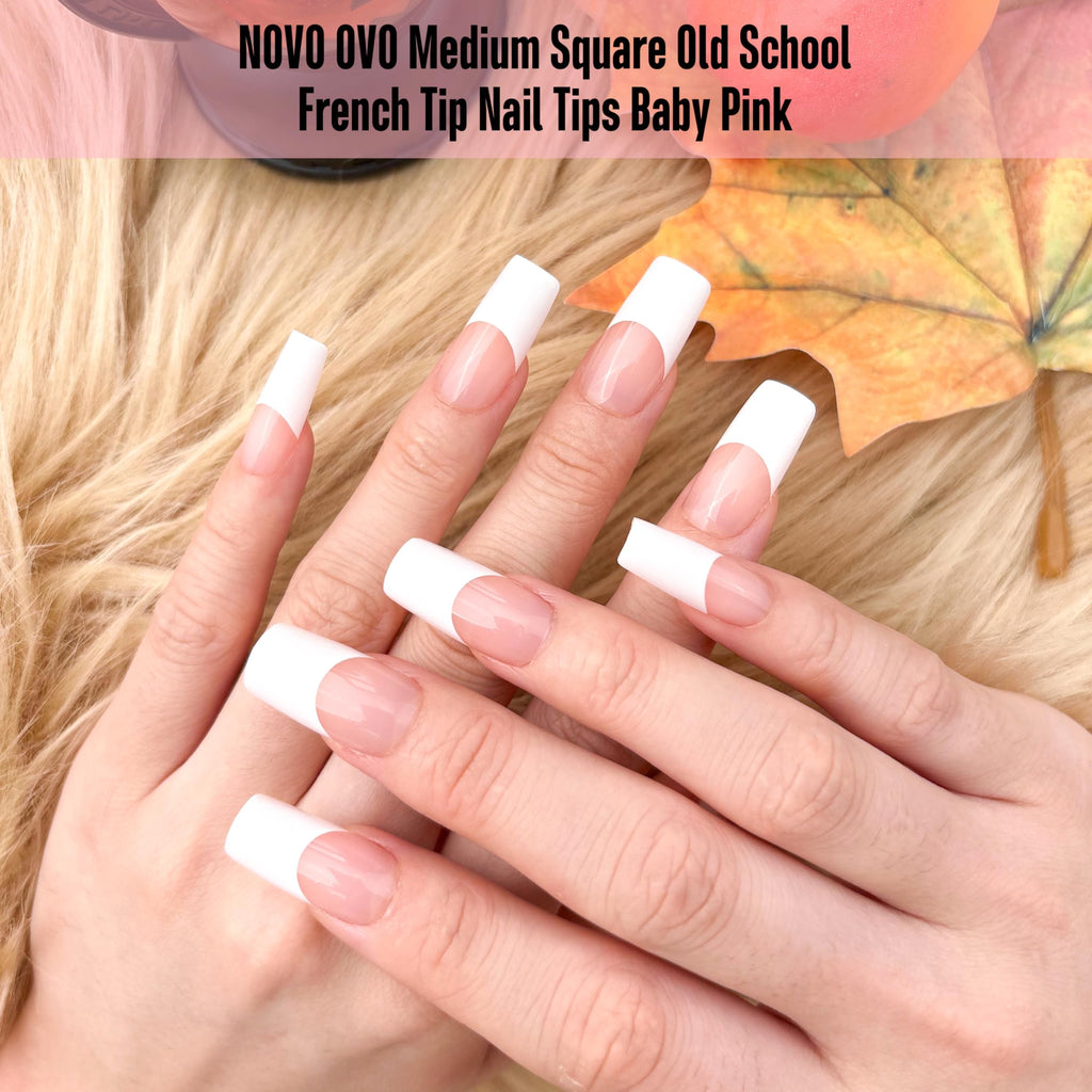 NOVO OVO Old School Wide White French Tip Nails – Press On, Baby Pink, 240 pcs, 15 Sizes
