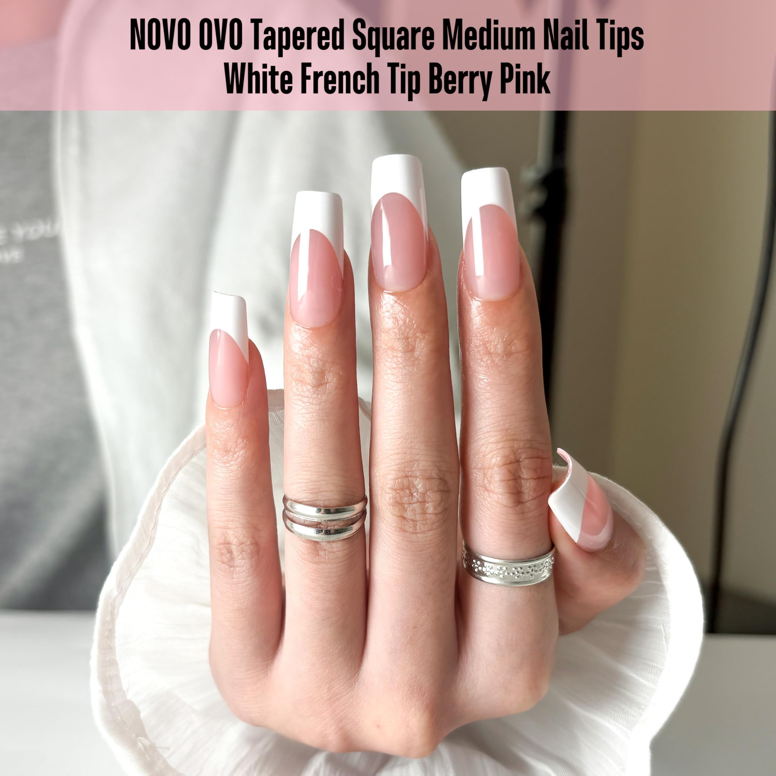 NOVO OVO White French Tip Nails – Berry Pink, Extra Thick Soft Gel, 240 pcs (15 Sizes)