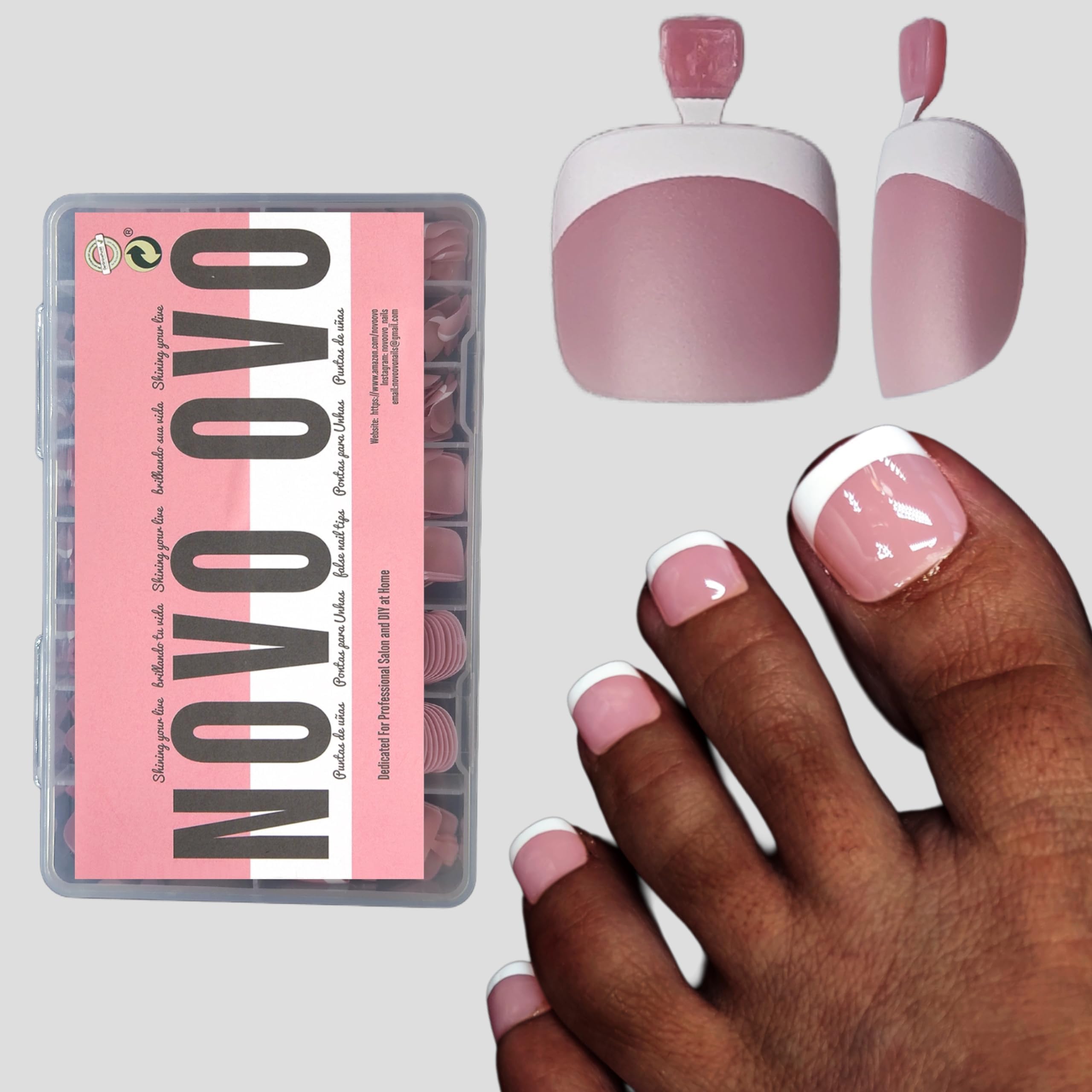 NOVO OVO Fake Toe Nail Tips Press On – Berry Pink French Tip Soft Gel Toenail Extensions, 360Pcs, 15 Sizes