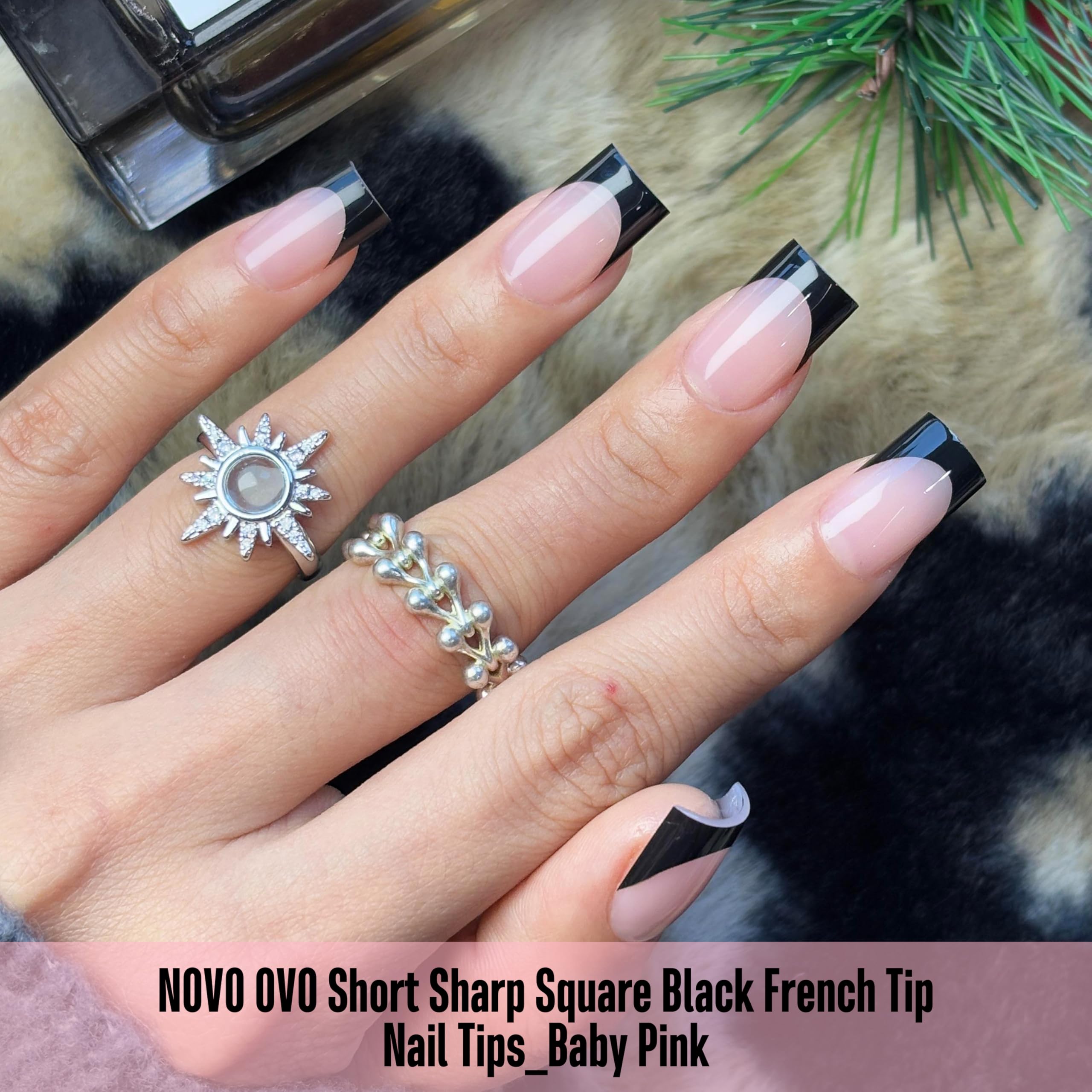NOVO OVO Black French Tip Nails – Short Sharp Square, Baby Pink, 240 pcs, 15 Sizes
