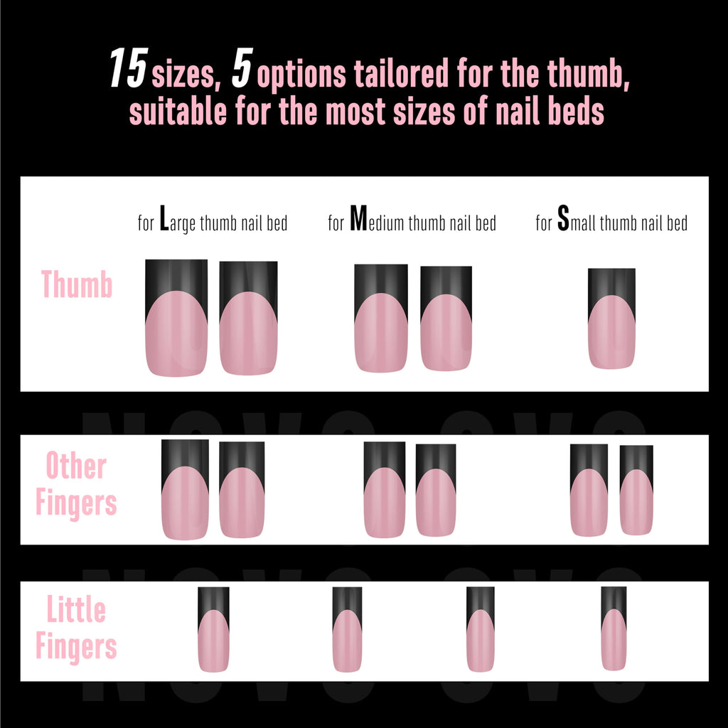 NOVO OVO Berry Pink Nail Tips – Medium Sharp Square Black French Tip, 180pc, 15 Sizes