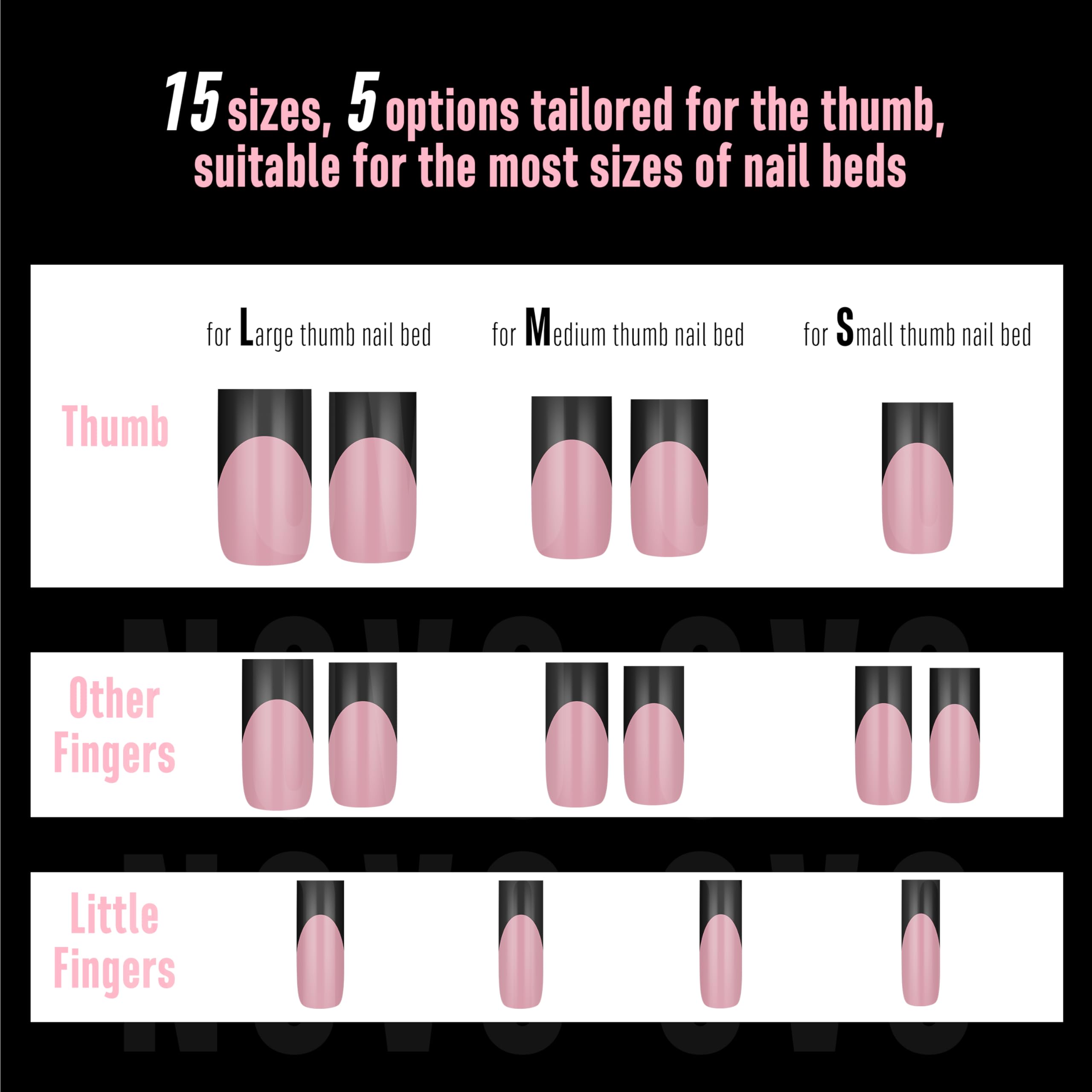 NOVO OVO Berry Pink Nail Tips – Medium Sharp Square Black French Tip, 180pc, 15 Sizes