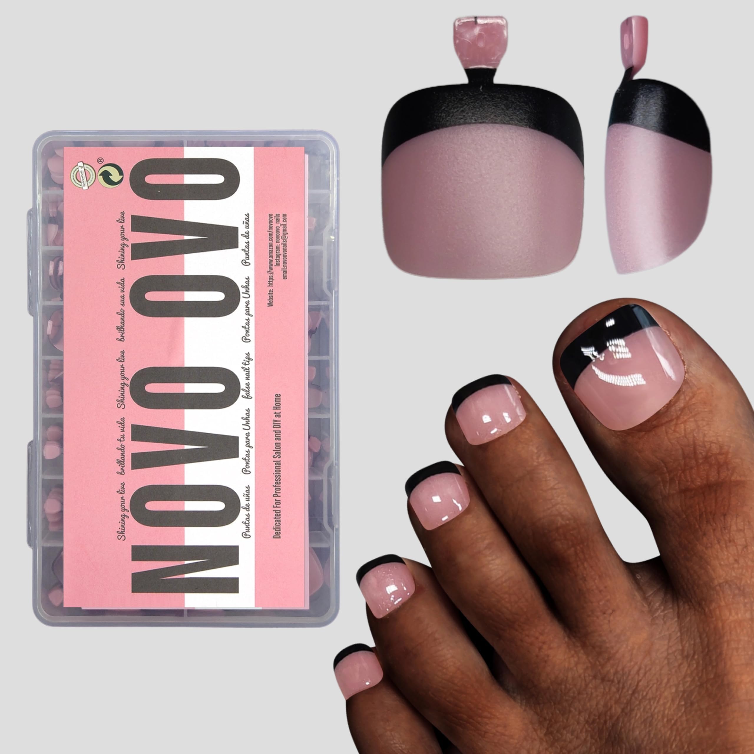 NOVO OVO Halloween Black French Tip Toe Nails Press On – Soft Gel Pedicure Kit