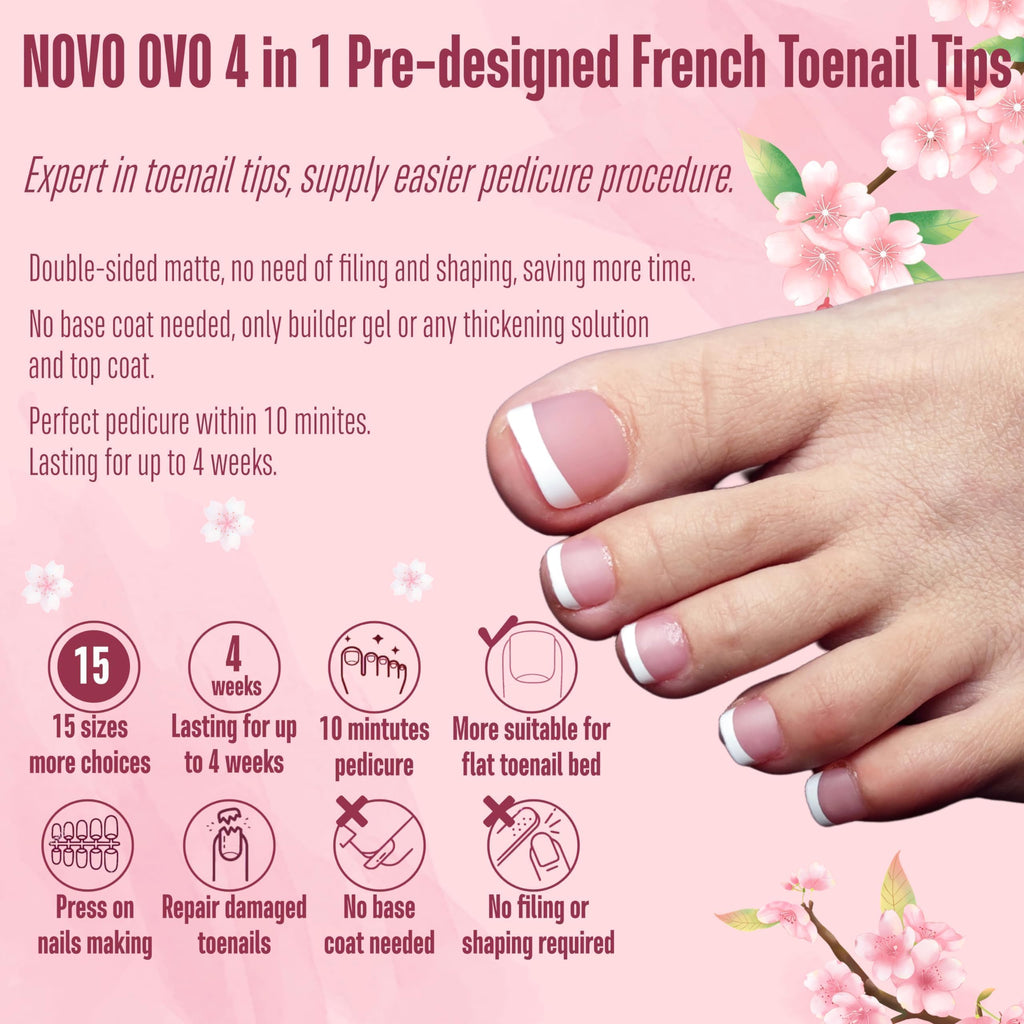 NOVO OVO Fake Toe Nail Tips Press On – Berry Pink French Tip Soft Gel Toenail Extensions, 360Pcs, 15 Sizes