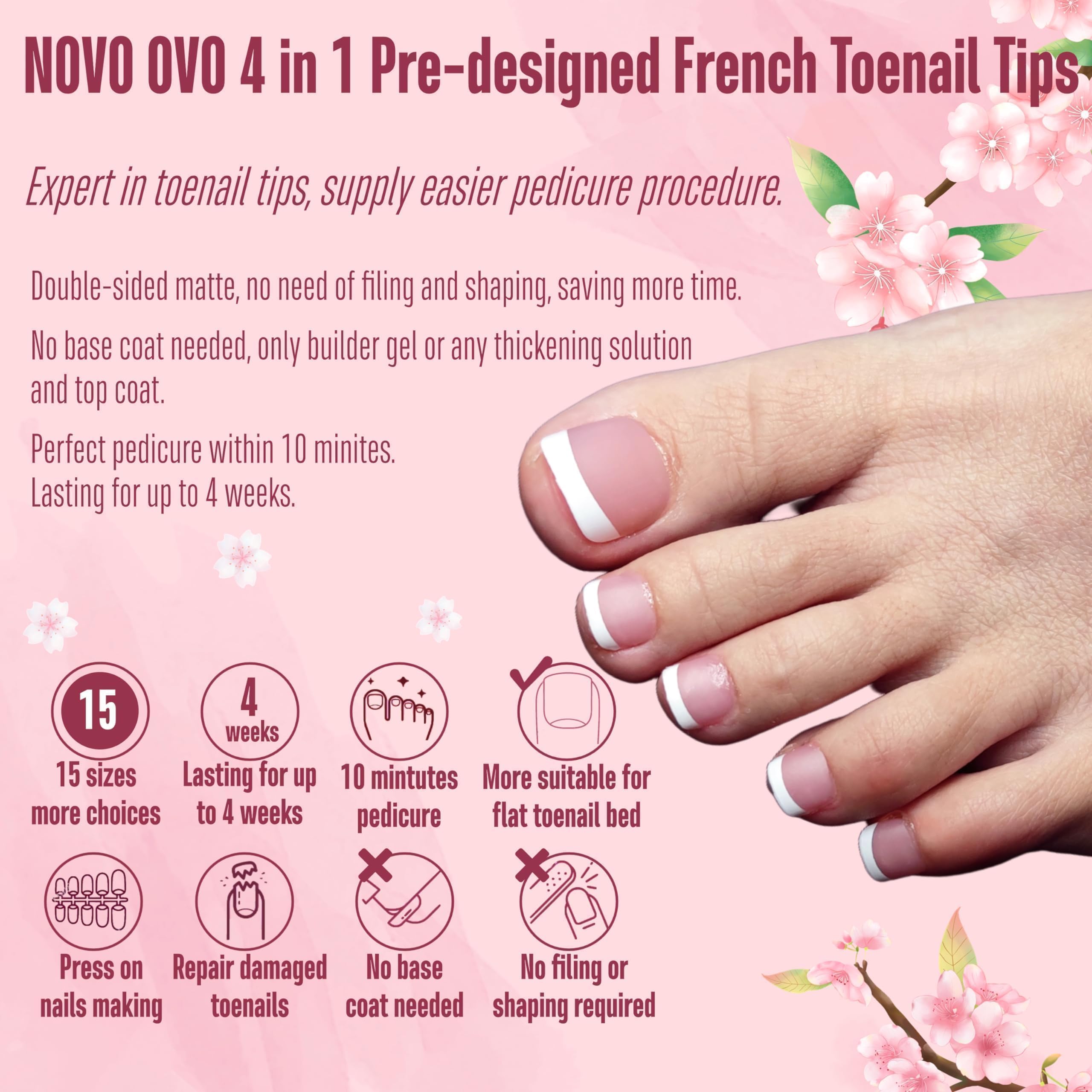 NOVO OVO Fake Toe Nail Tips Press On – Berry Pink French Tip Soft Gel Toenail Extensions, 360Pcs, 15 Sizes