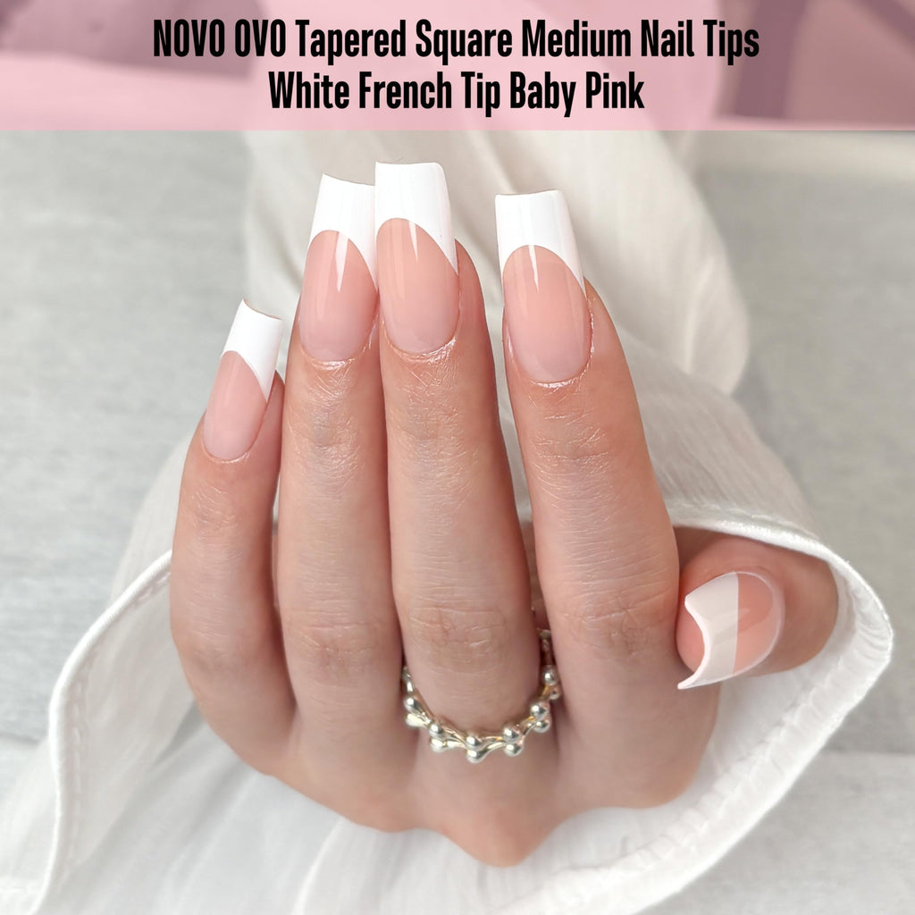 NOVO OVO White French Tip Medium Square Nail Tips – Baby Pink, Extra Thick Soft Gel, No Glue Included, 15 Sizes x 240 pcs