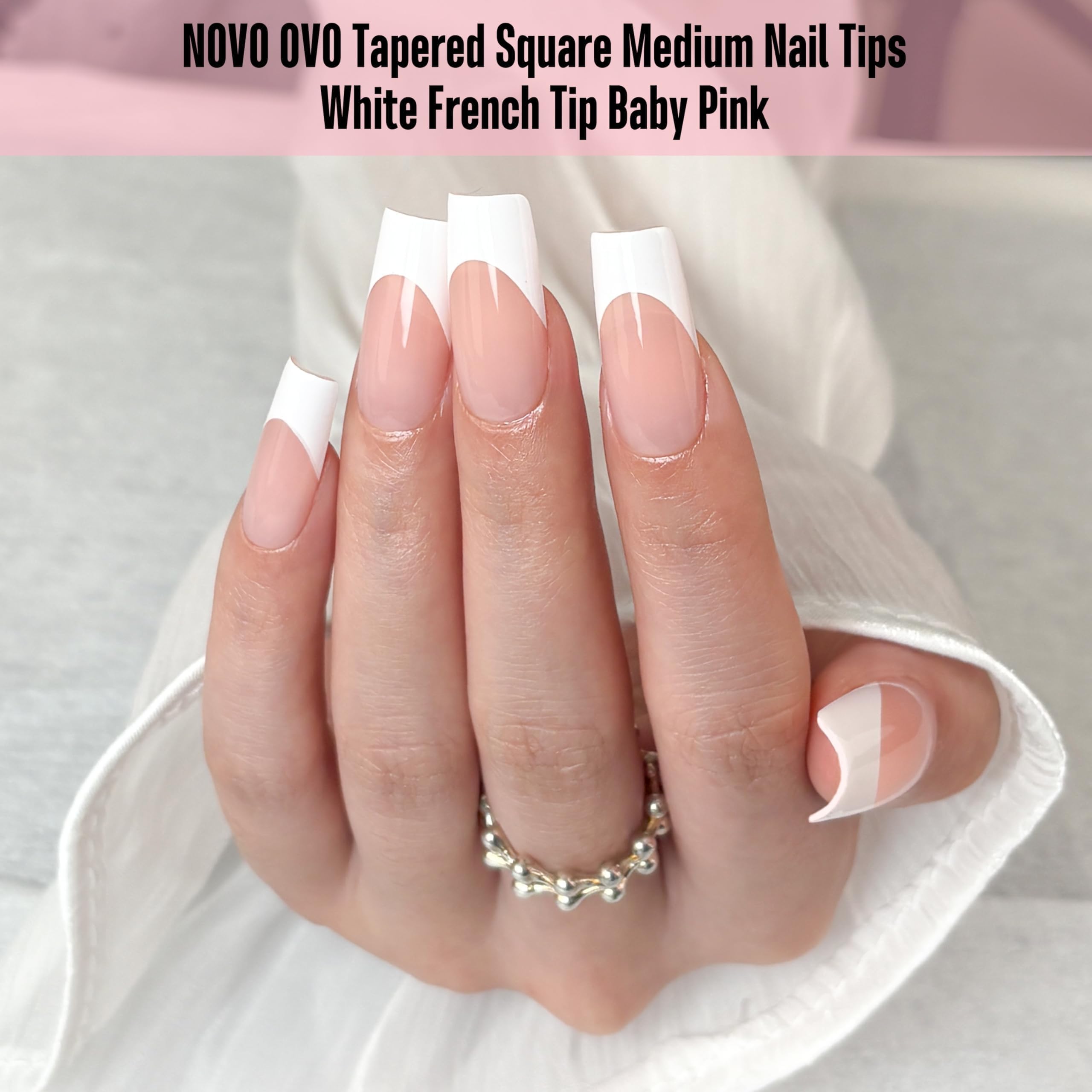 NOVO OVO White French Tip Medium Square Nail Tips – Baby Pink, Extra Thick Soft Gel, No Glue Included, 15 Sizes x 240 pcs