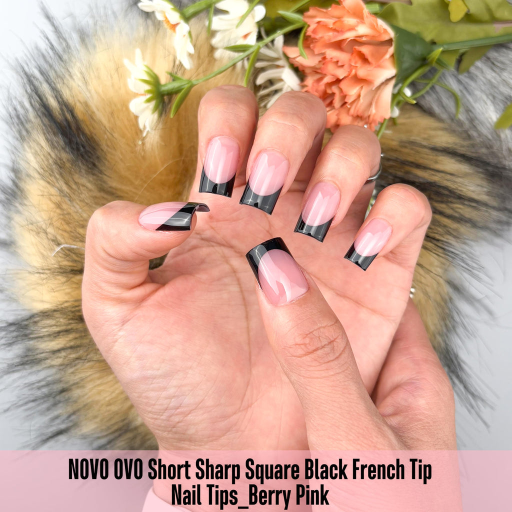 NOVO OVO Short Sharp Square Nail Tips Berry Pink – 240 pcs, 15 Sizes, Soft Gel Full Cover with Builder Gel & Top Coat