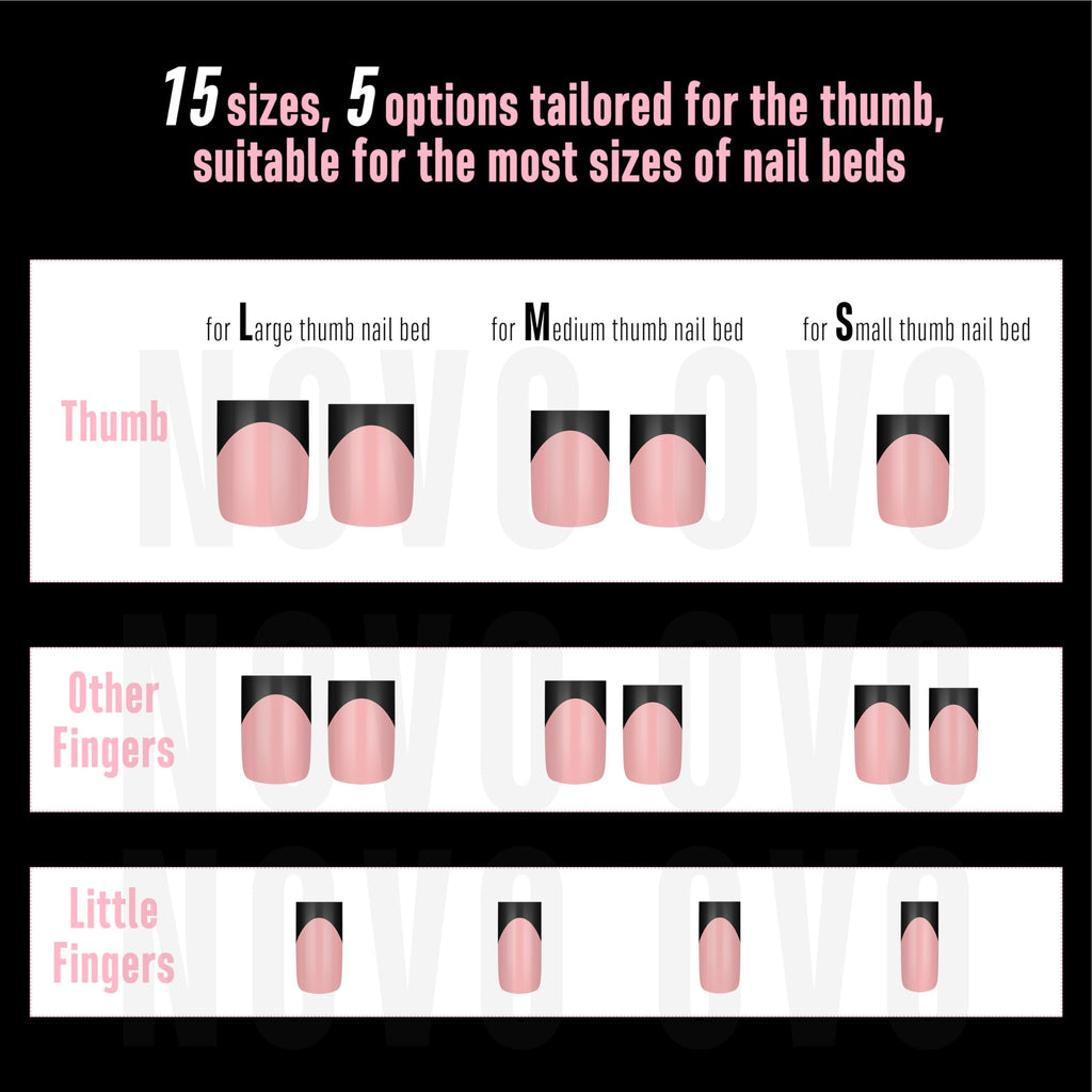 NOVO OVO Black French Tip Nails – Short Sharp Square, Baby Pink, 240 pcs, 15 Sizes
