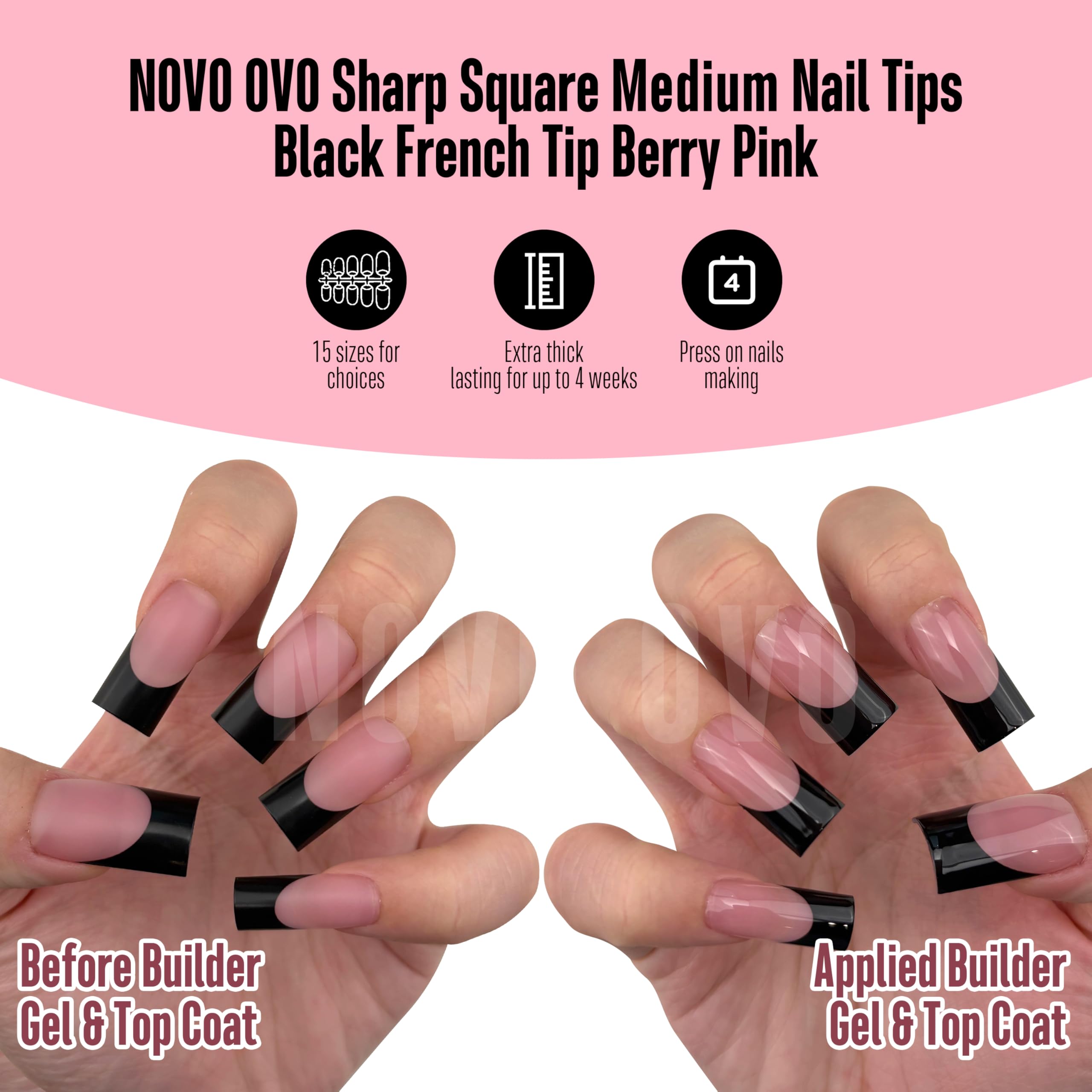 NOVO OVO Berry Pink Nail Tips – Medium Sharp Square Black French Tip, 180pc, 15 Sizes