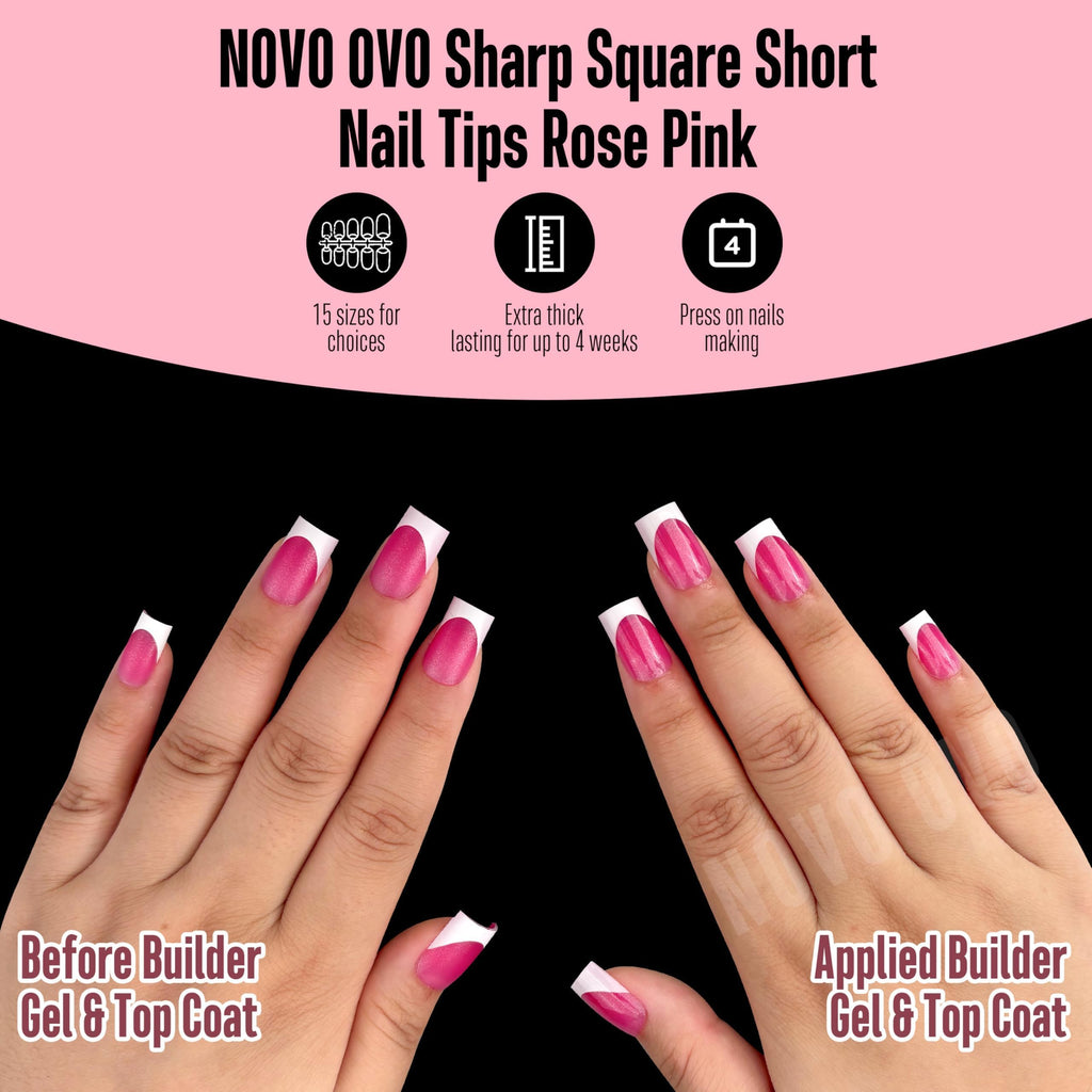 NOVO OVO Short Sharp Square White French Tip Nails – Press-On, 15 Sizes, 240 pcs