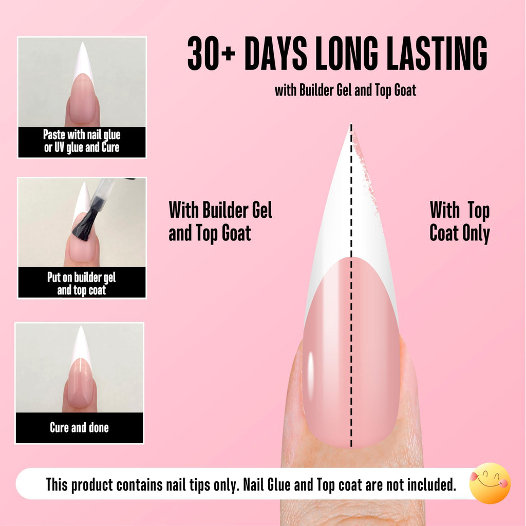 NOVO OVO White French Tip Long XL Sharp Stiletto Nail Tips – Baby Pink Press-On Nails, Soft Gel, 160 pcs, 16 Sizes