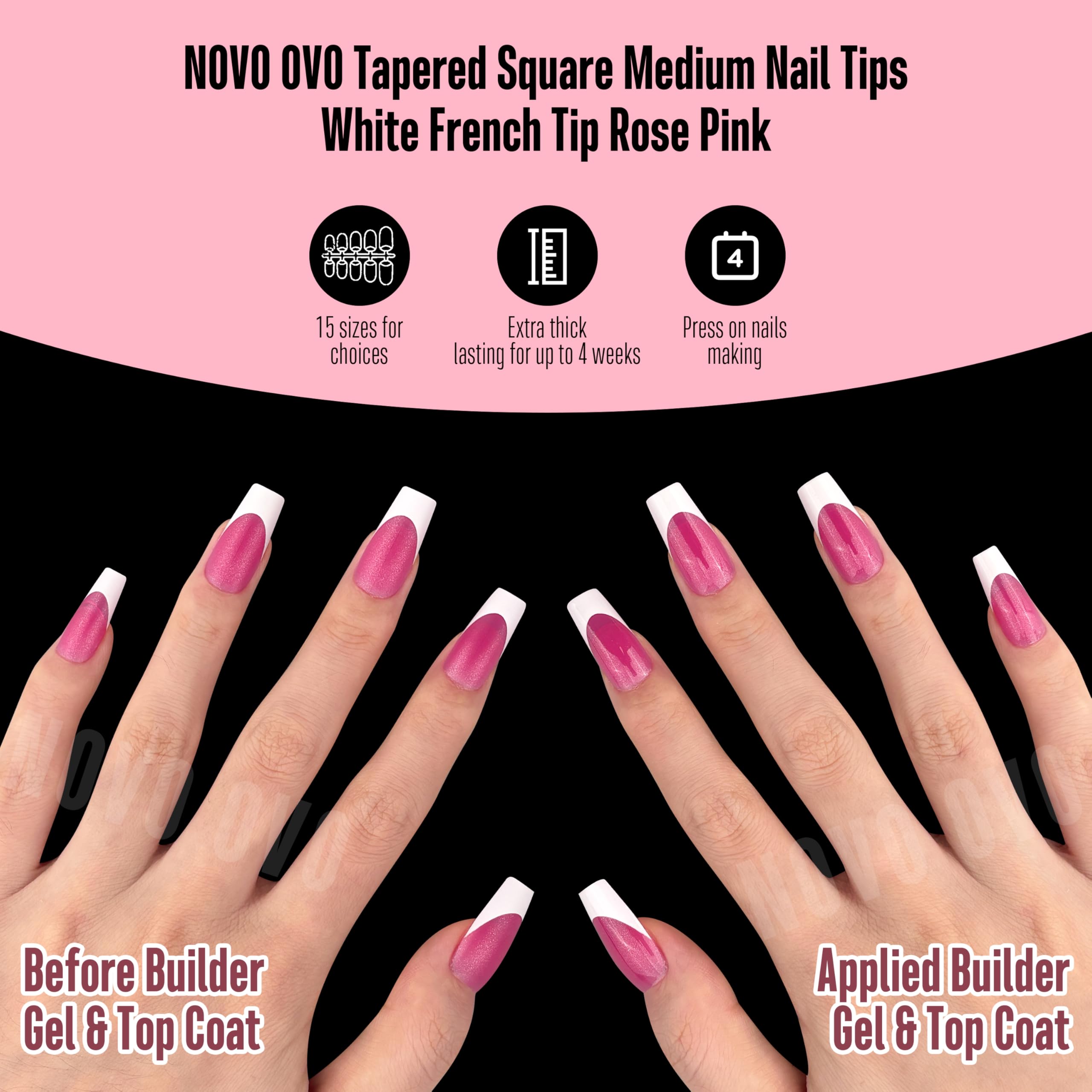 NOVO OVO White French Tip Coffin Nails – Rose Pink, Extra Thick Soft Gel Press-On, 15 Sizes x 240 pcs