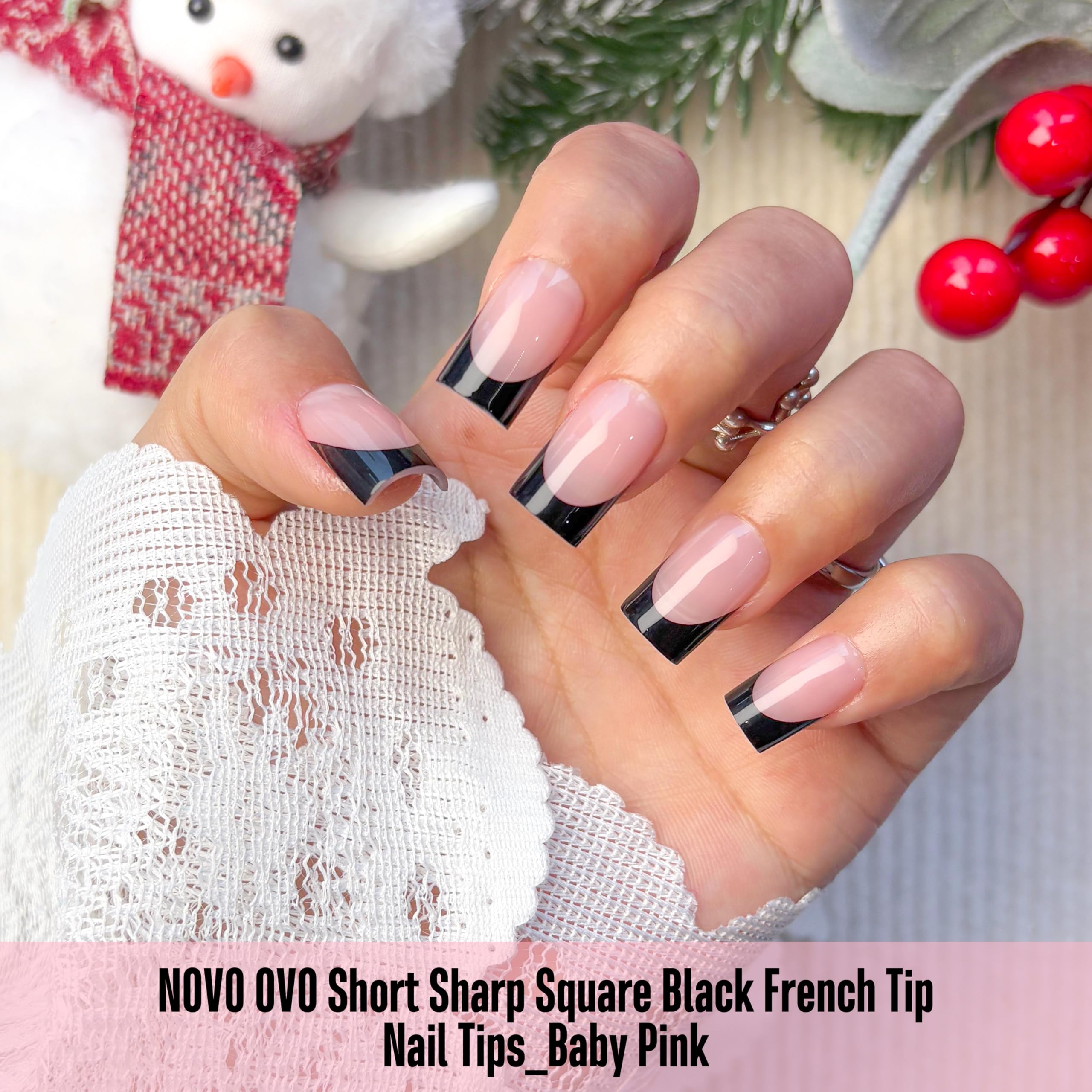 NOVO OVO Black French Tip Nails – Short Sharp Square, Baby Pink, 240 pcs, 15 Sizes