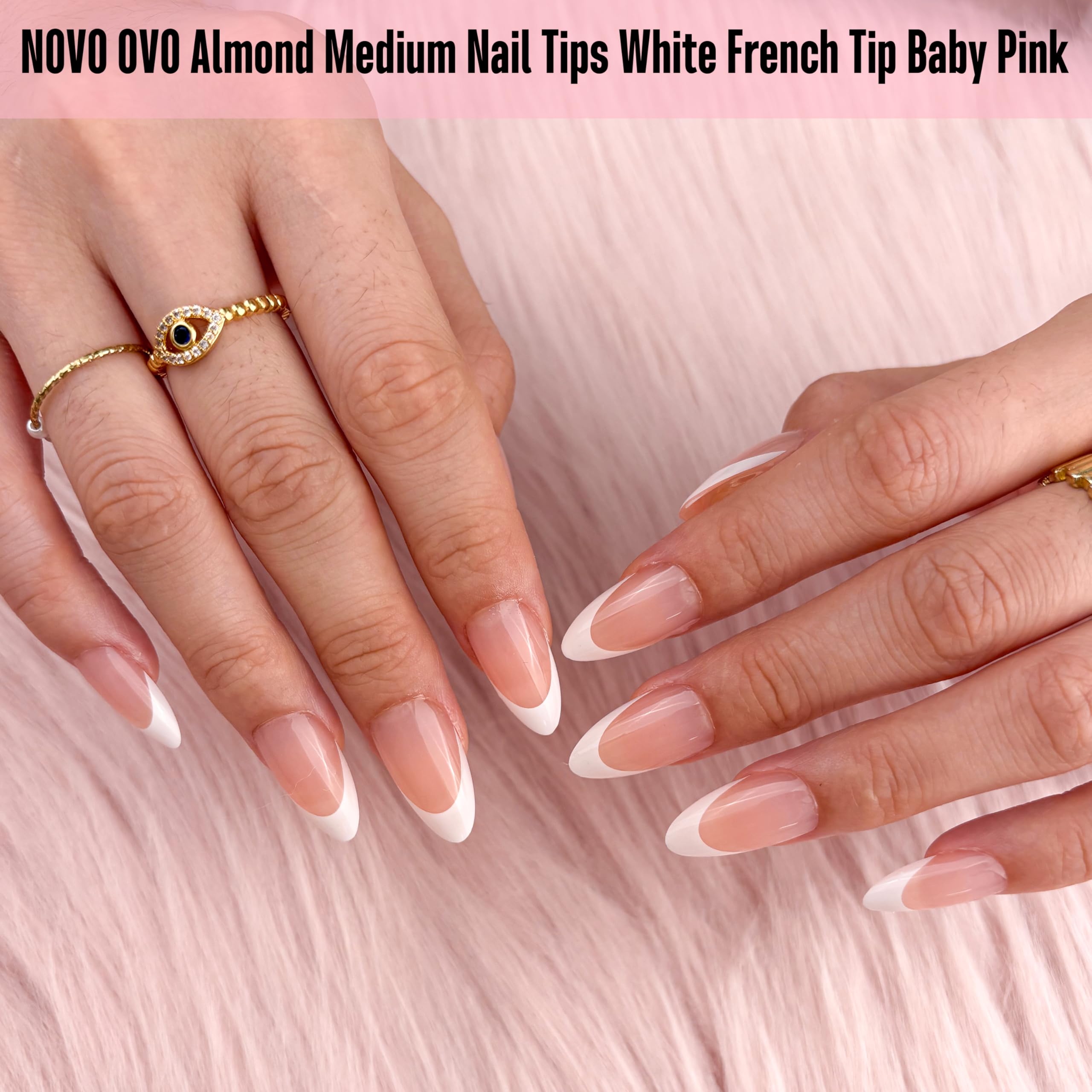 NOVO OVO White French Tip Almond Nails – Baby Pink Press On Tips, Extra Thick Soft Gel, 240 pcs, 15 Sizes