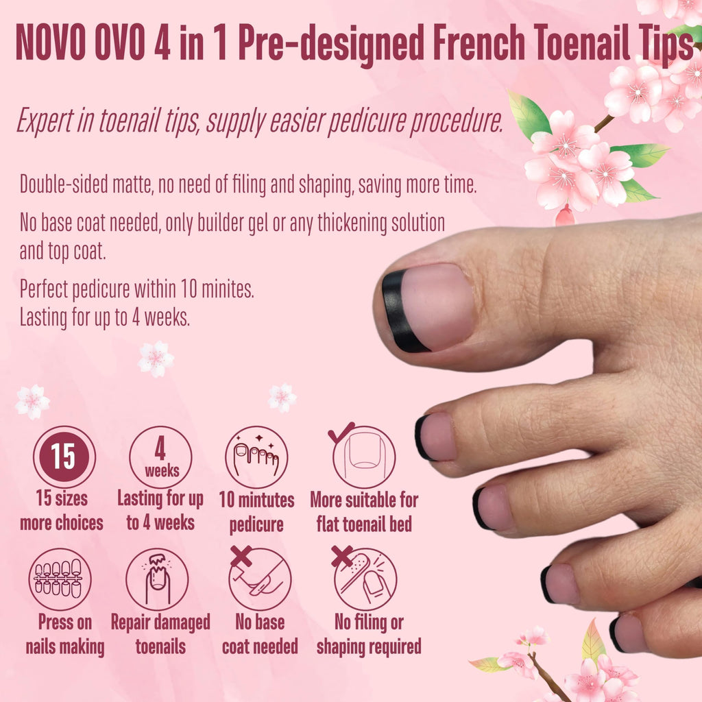 NOVO OVO Halloween Black French Tip Toe Nails Press On – Soft Gel Pedicure Kit