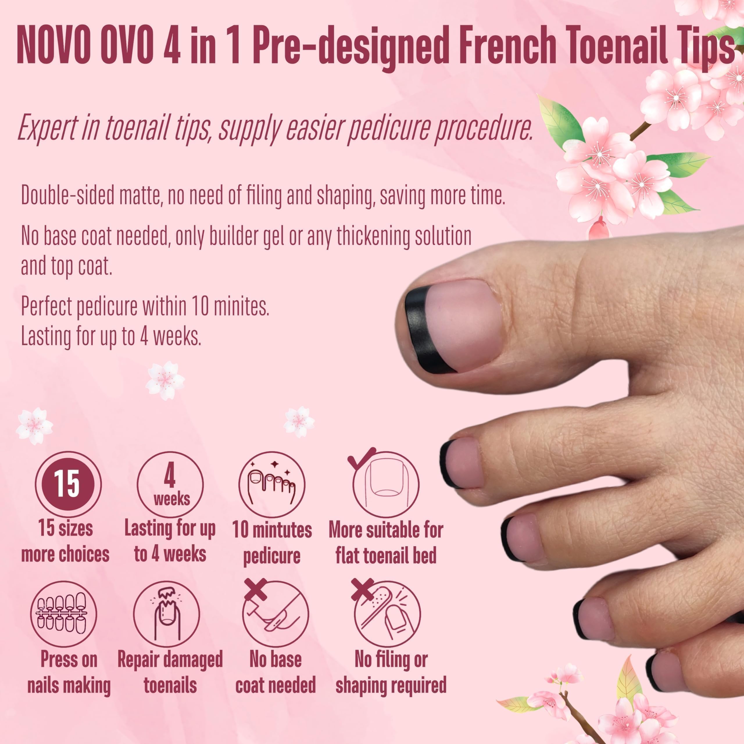 NOVO OVO Halloween Black French Tip Toe Nails Press On – Soft Gel Pedicure Kit