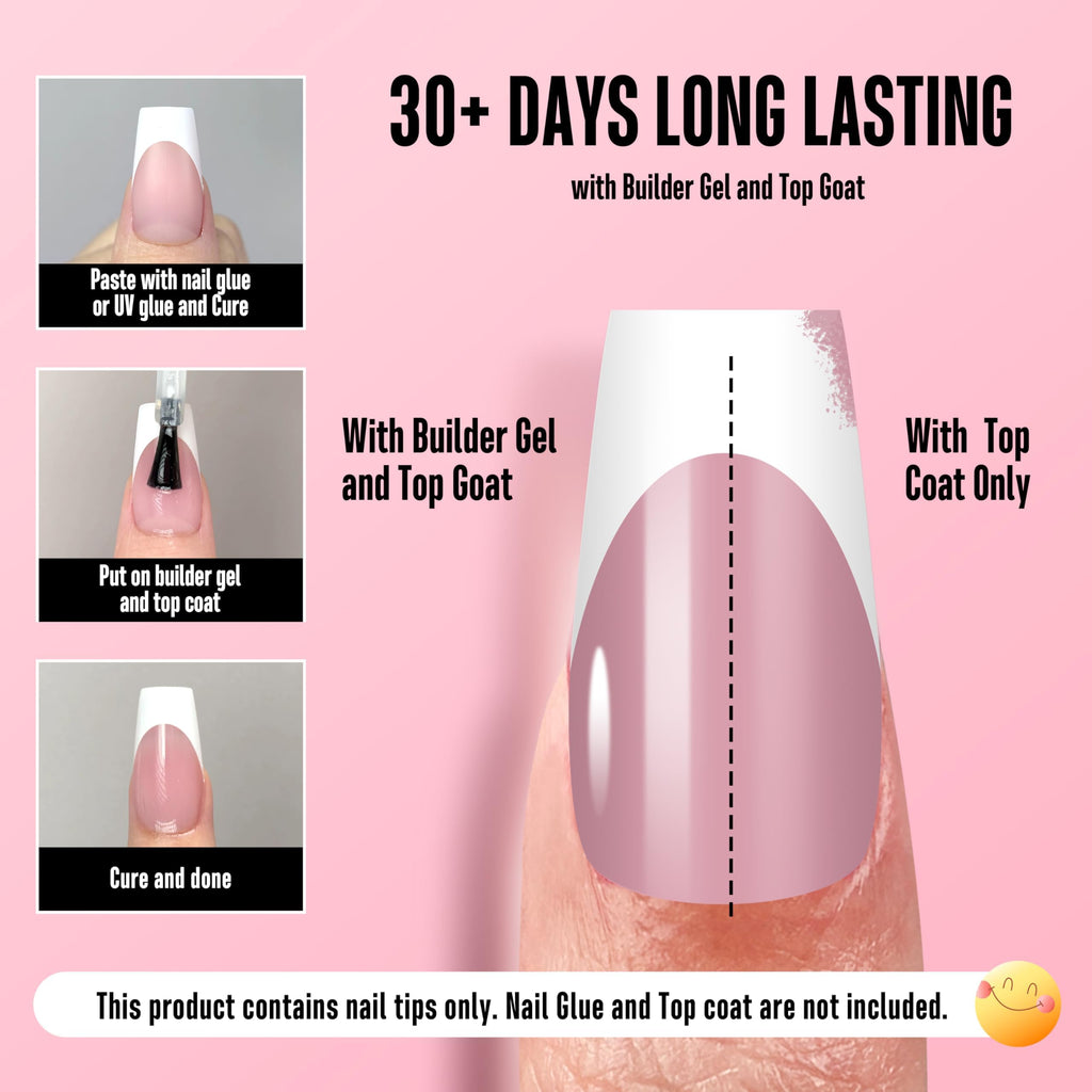 NOVO OVO White French Tip Coffin Nail Tips – Berry Pink, Extra Thick Soft Gel, 240 pcs, 15 Sizes (No Glue Included)