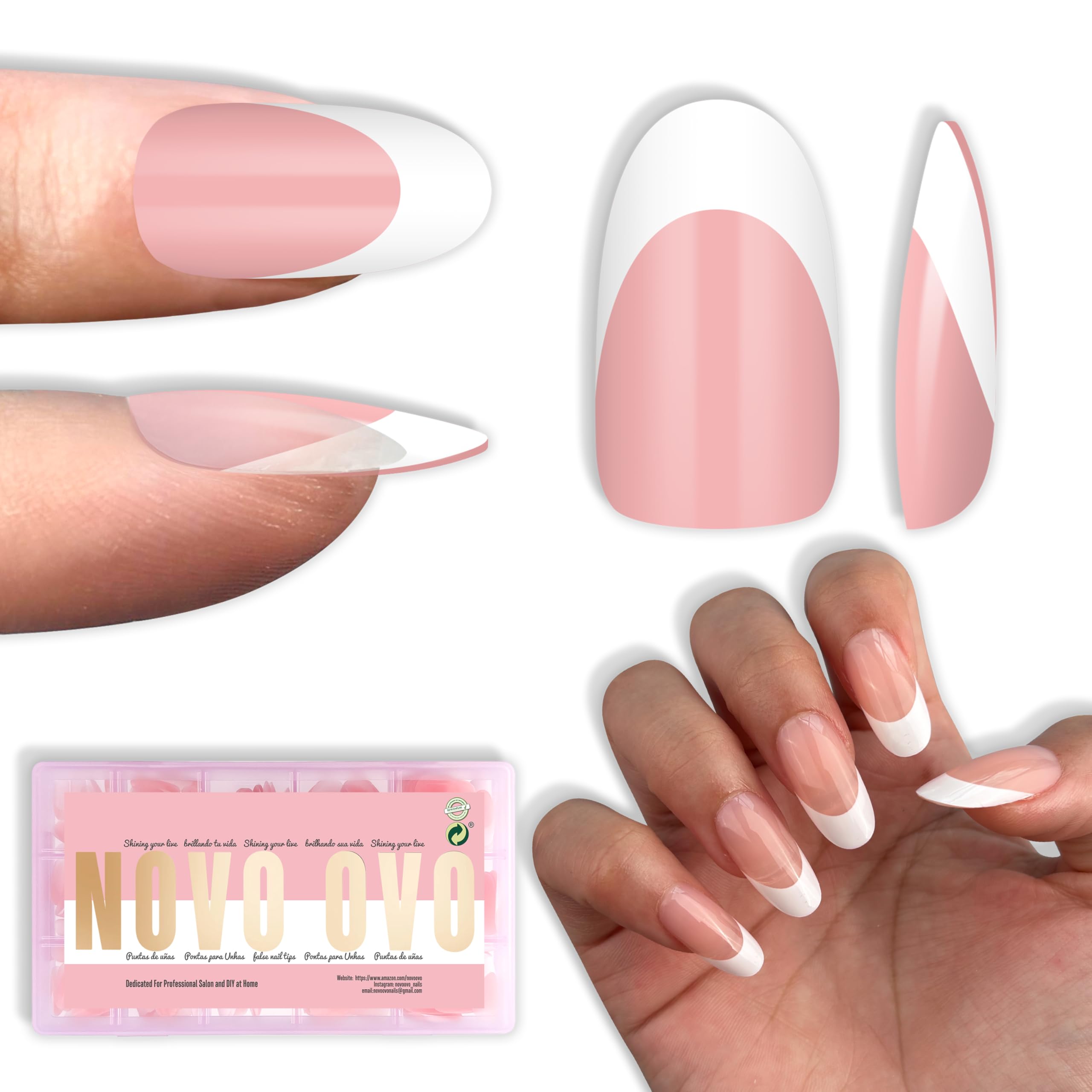 NOVO OVO White French Tip Oval Nail Tips – Baby Pink Press-On, Extra Thick Soft Gel, 240 pcs, 15 Sizes