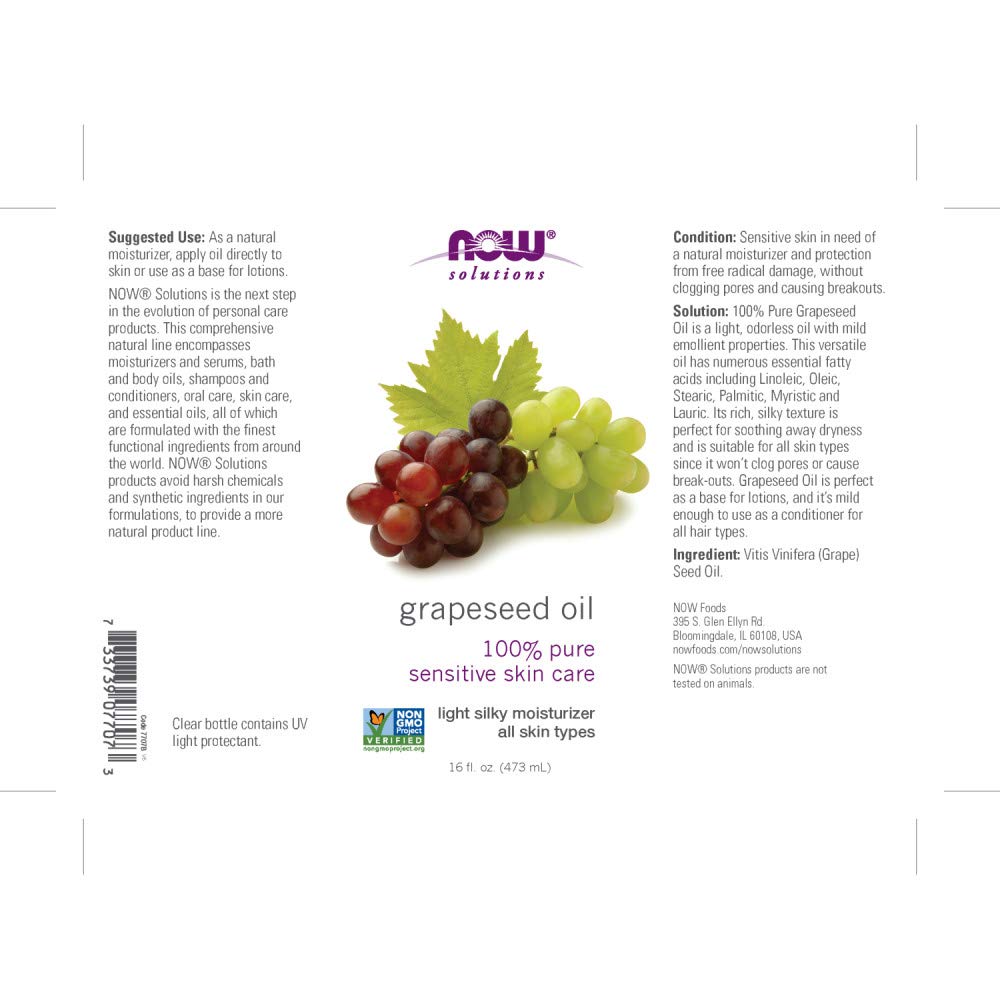 NOW Foods Grape Seed Oil, 32 oz (16 oz x 2) – Light, Odorless Skin & Hair Carrier Oil