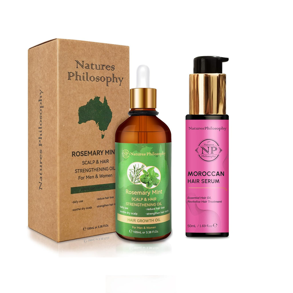 NP NATURES PHILOSOPHY Moroccan Argan Oil & Rosemary Hair Growth Oil Set | Organic Hair Serum, Anti-Frizz, Quick Absorption