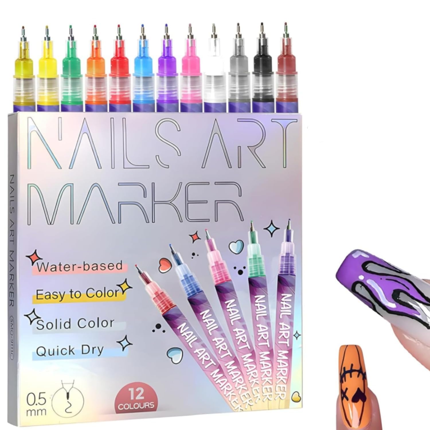 NRAEC 12 Colors Nail Art Pens Set – 0.5mm Fine Tip, Quick-Dry & Waterproof
