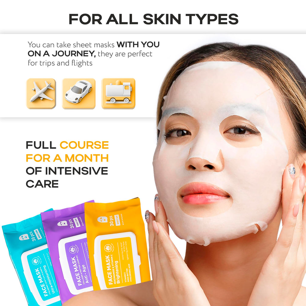 NSC Korean Sheet Masks with Niacinamide & Vitamin C – 30-Pack Hydrating K-Beauty Face Mask Set