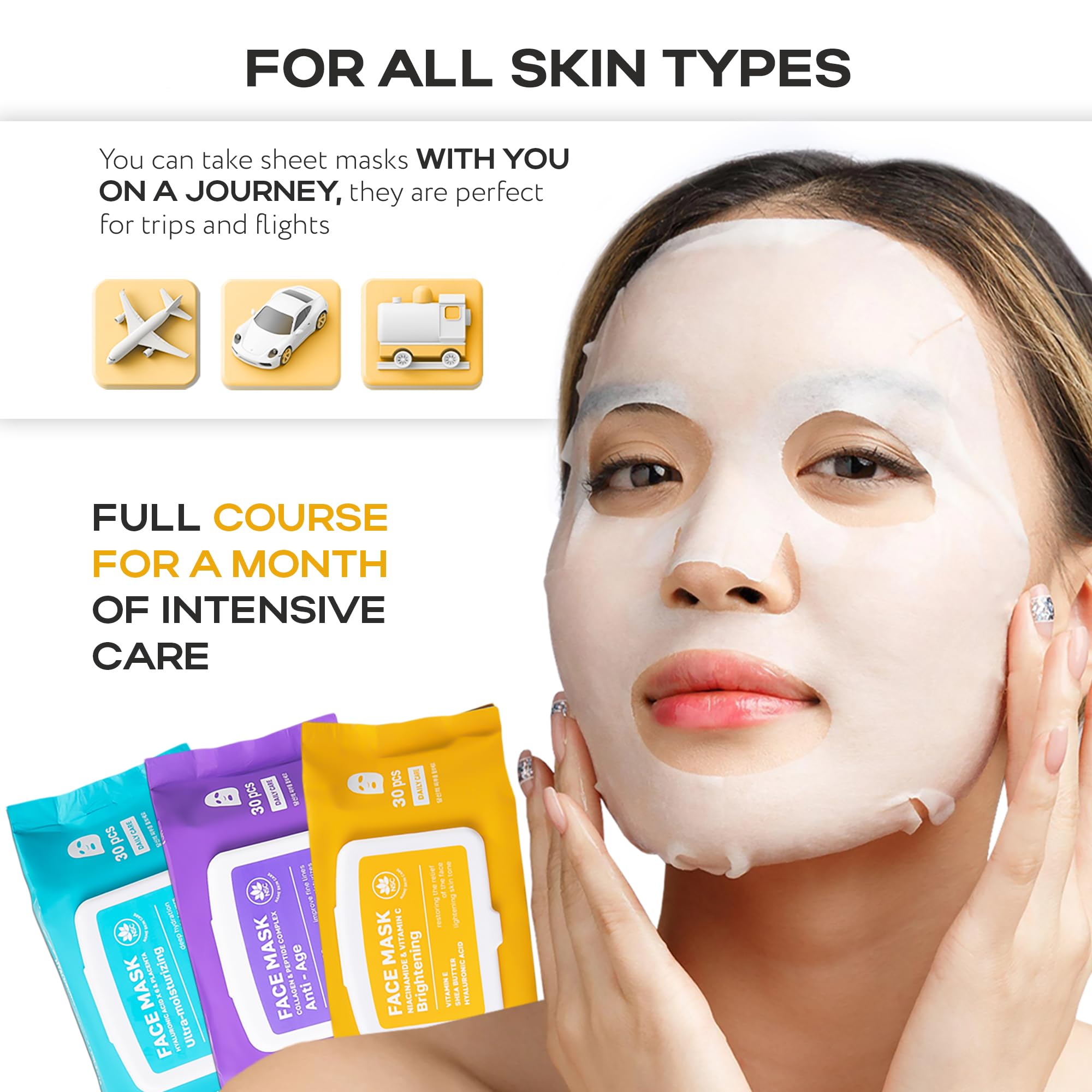 NSC Korean Sheet Masks with Niacinamide & Vitamin C – 30-Pack Hydrating K-Beauty Face Mask Set