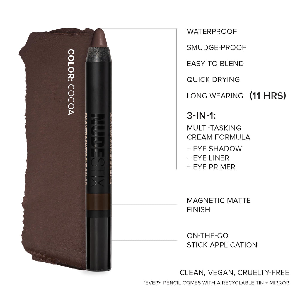 Nudestix Magnetic Matte Eye Color Cocoa — 3-in-1 Eye Pencil, Primer & Liner (Waterproof)