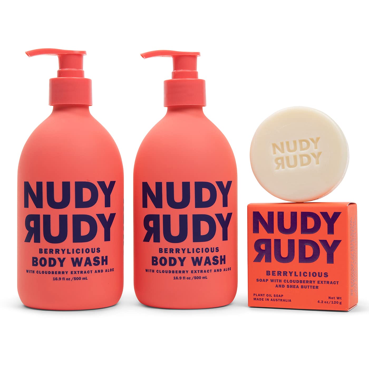 Nudy Rudy Berrylicious 2 Pack – Liquid Body Wash & Bar Soap with Aloe Vera & Vitamin E (16.9 fl oz + 4.2 oz)