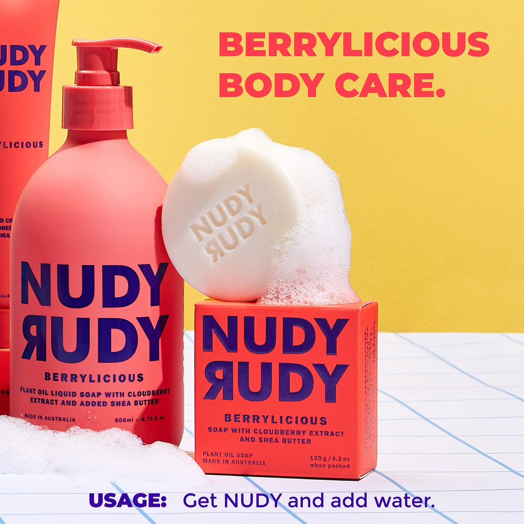 Nudy Rudy Berrylicious 2 Pack – Liquid Body Wash & Bar Soap with Aloe Vera & Vitamin E (16.9 fl oz + 4.2 oz)