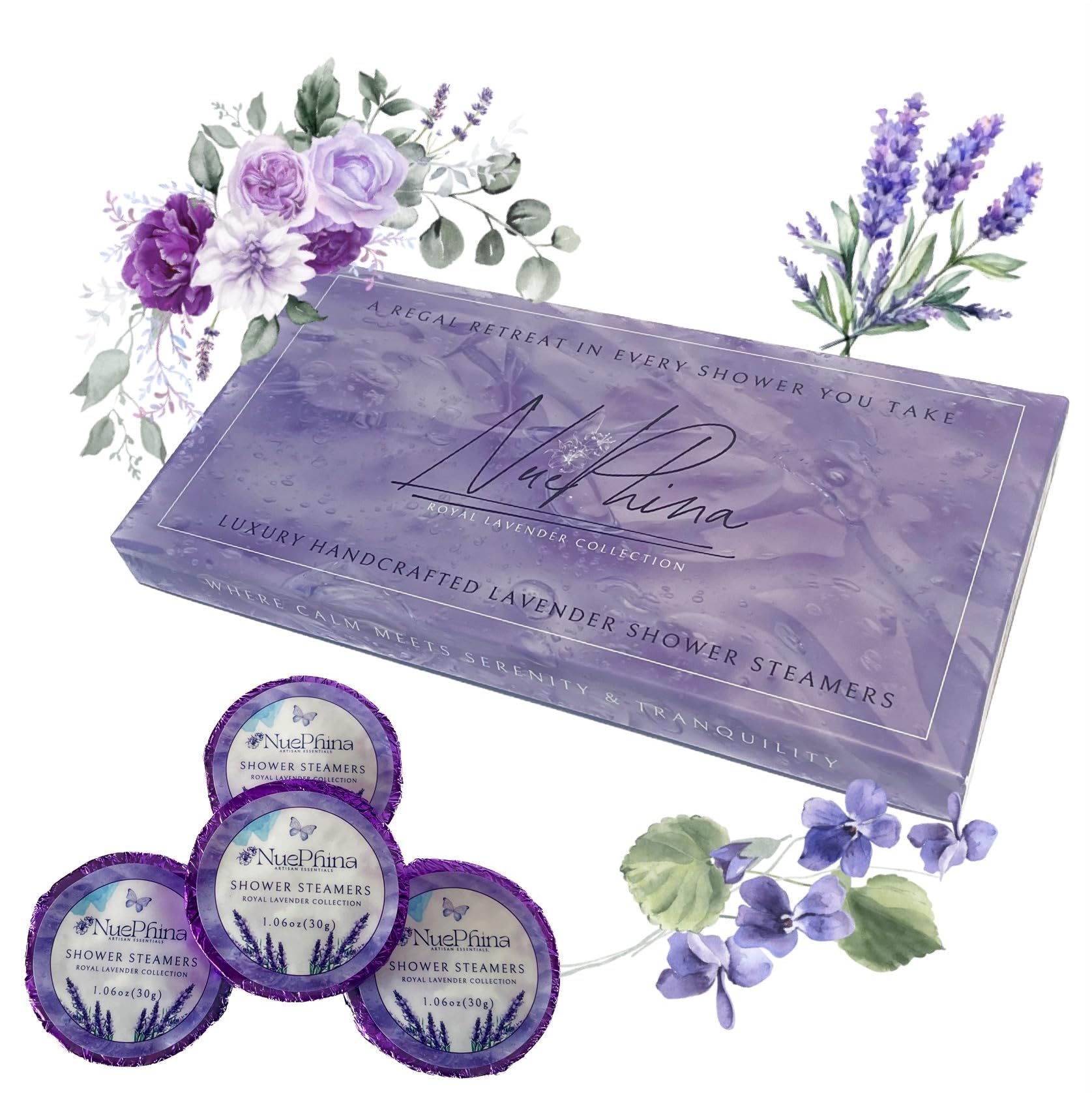 NuePhina Premium Lavender Shower Steamers – 100% Natural, Long-Lasting Spa-Like Aromatherapy