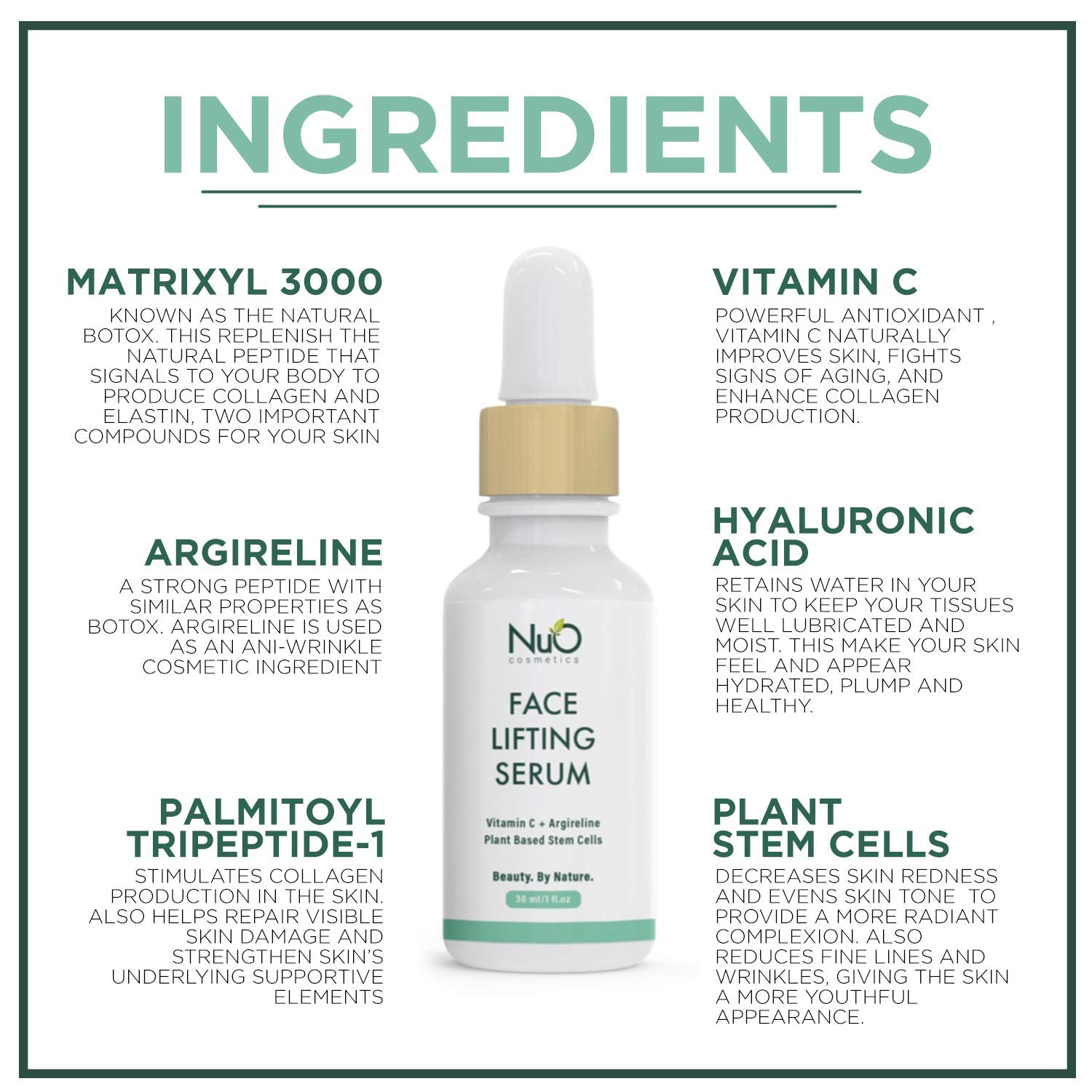 NuOrganic Face Lifting Serum with Plant Stem Cells & Matrixyl 3000 — Vegan & Cruelty-Free (1 fl oz)