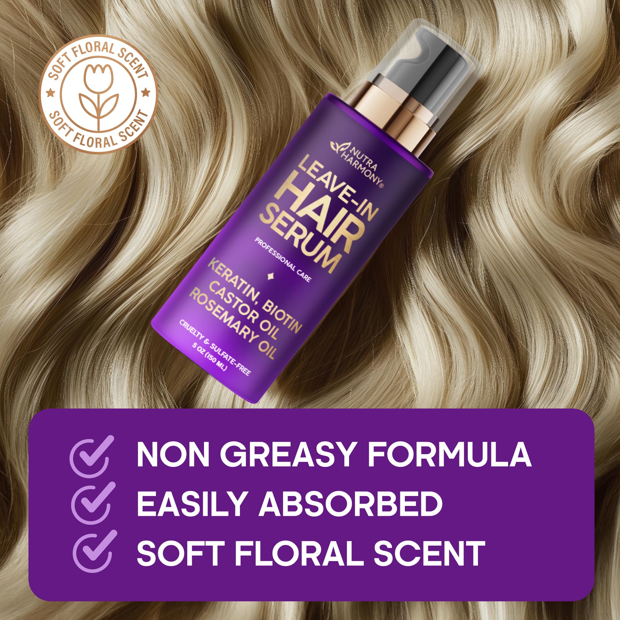 Nutraharmony Hydrating Hair Serum – Keratin Treatment for Dry, Frizzy, Damaged Hair | Biotin, Castor & Rosemary Oils | Anti-Frizz, Heat Protectant & Split Ends Repair – Pack of 2