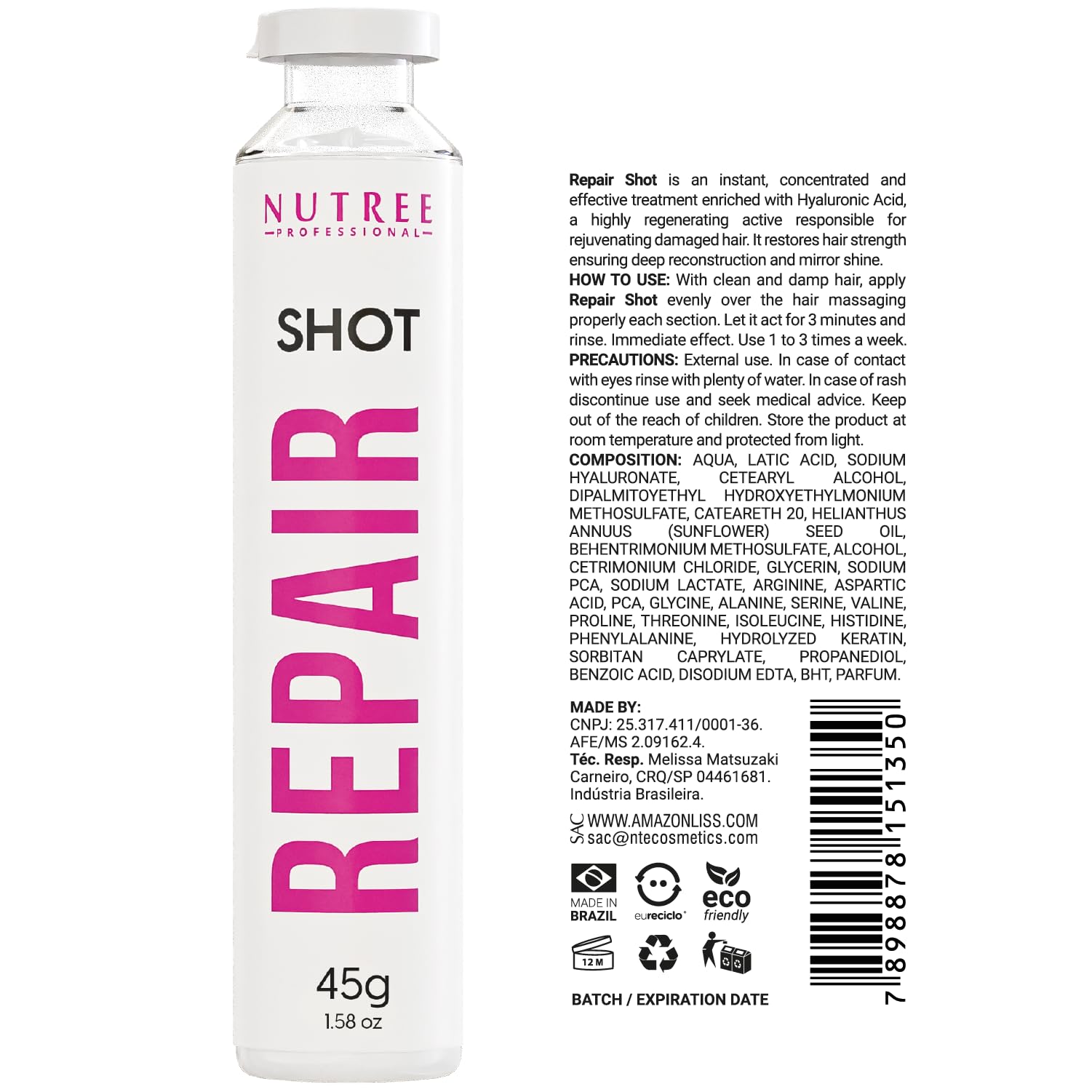 Nutree Professional Keratin Hair Treatment Repair Shot – Ultra Concentrated 1.58 oz with Keratin & Hyaluronic Acid