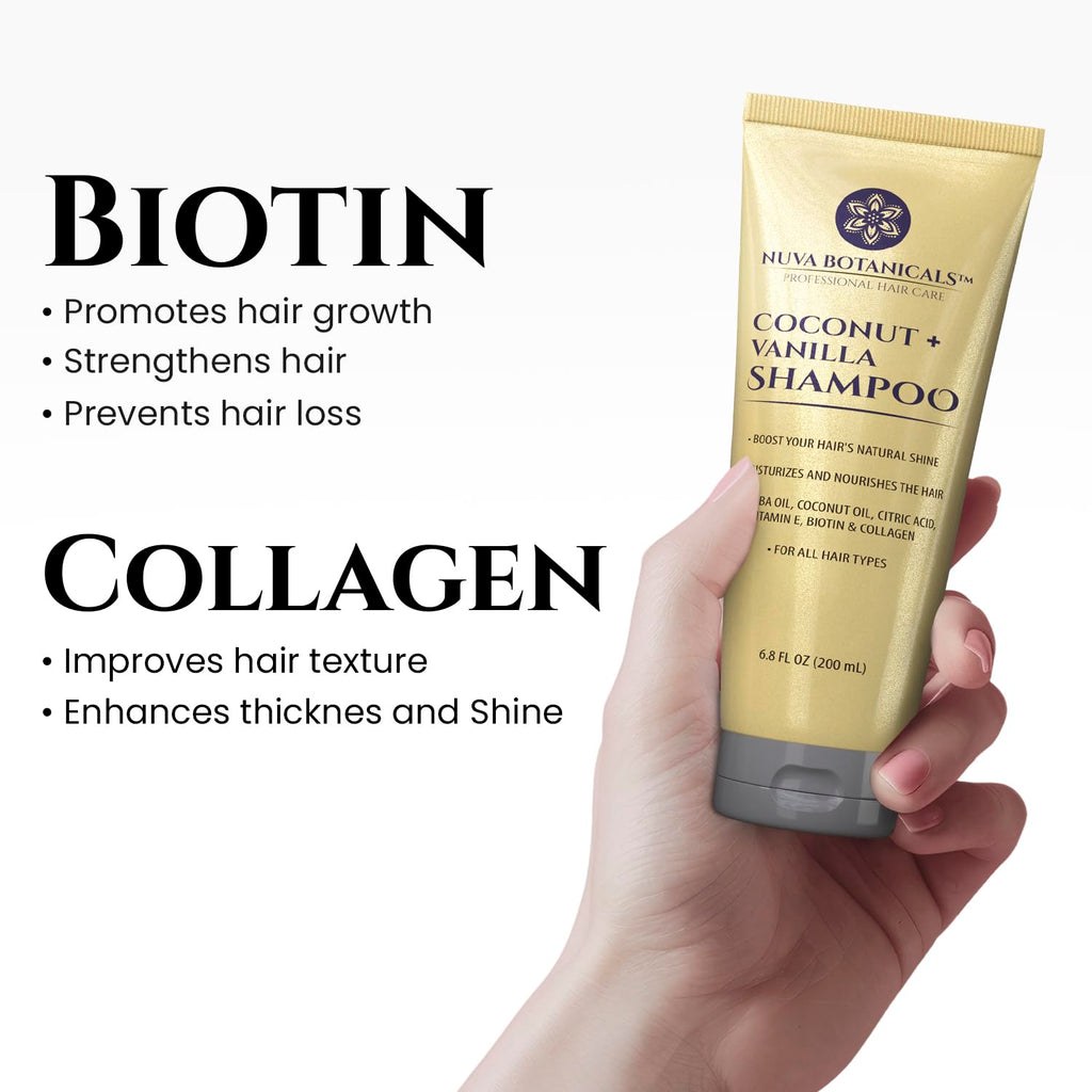 Nuva Botanicals Coconut Shampoo & Conditioner – Vanilla Scent, Biotin & Collagen, Hydrating Set (6.8 oz each)