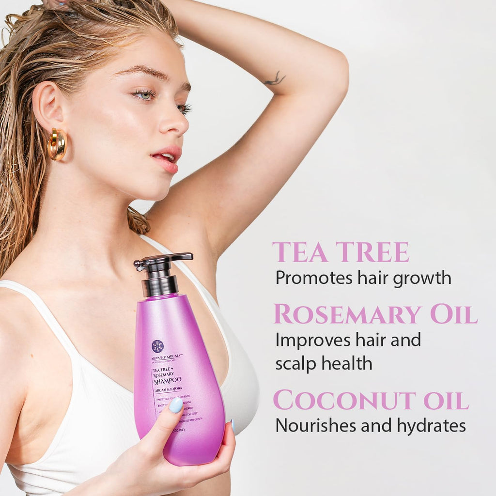 Nuva Botanicals Tea Tree & Rosemary Shampoo & Conditioner Set for Women – Natural Hair Growth Shampoo with Mint & Coconut Oil (17 Fl Oz)