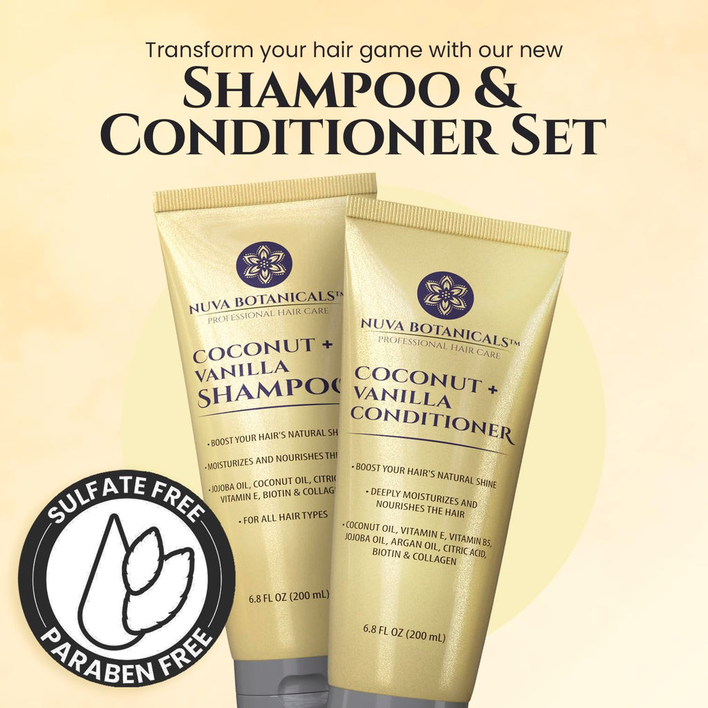 Nuva Botanicals Coconut Shampoo & Conditioner – Vanilla Scent, Biotin & Collagen, Hydrating Set (6.8 oz each)
