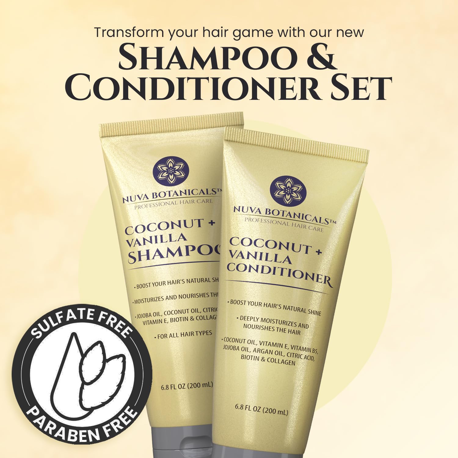 Nuva Botanicals Coconut Shampoo & Conditioner – Vanilla Scent, Biotin & Collagen, Hydrating Set (6.8 oz each)