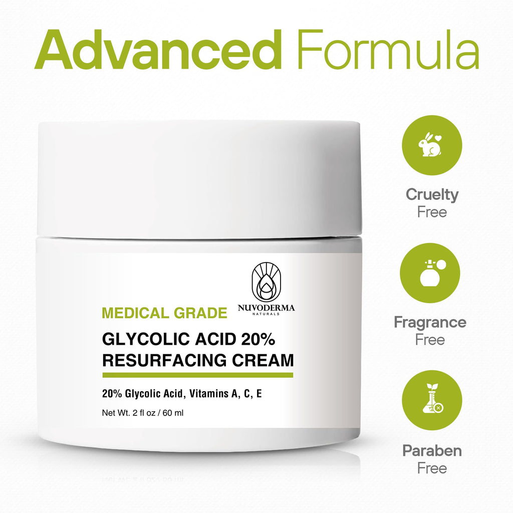 NUVODERMA Glycolic Acid Resurfacing Cream – 20% Glycolic, Vitamins A/C/E – Hydrating Anti-Wrinkle Moisturizer – 2 oz